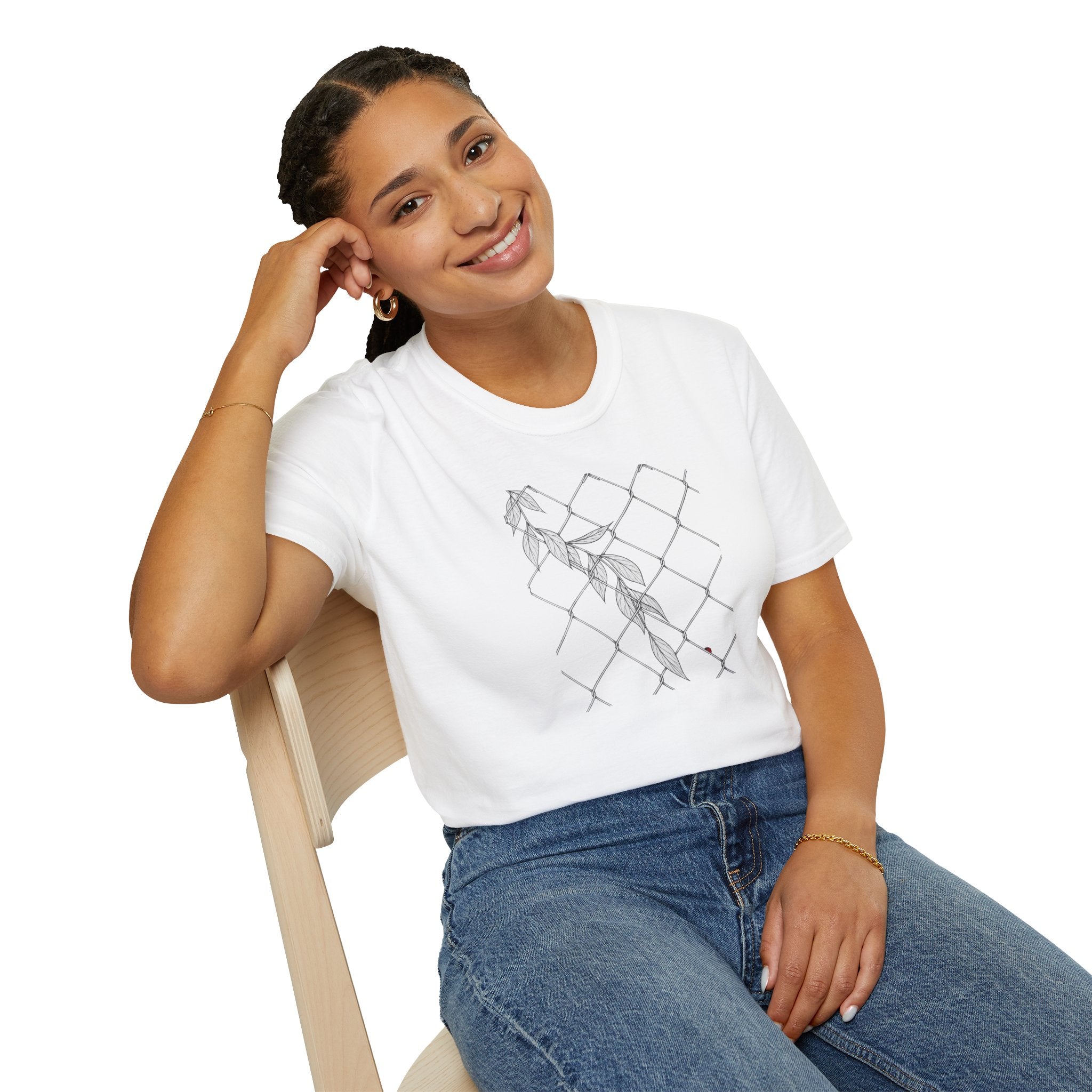 Leaves on fence Sketch Unisex T‑Shirt — Minimalist Floral Line Art Tee