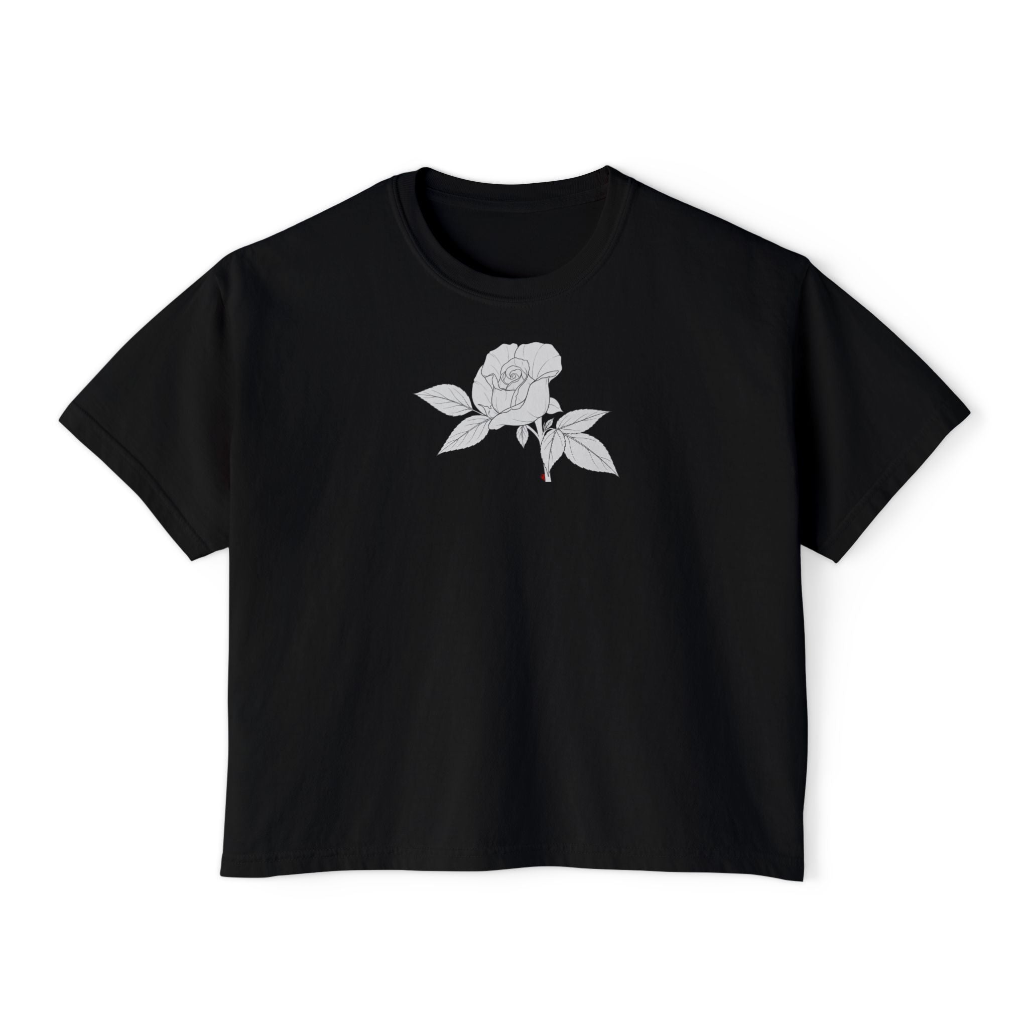 Rose with leaves Boxy Tee — Minimal Line Art Rose Graphic T-Shirt