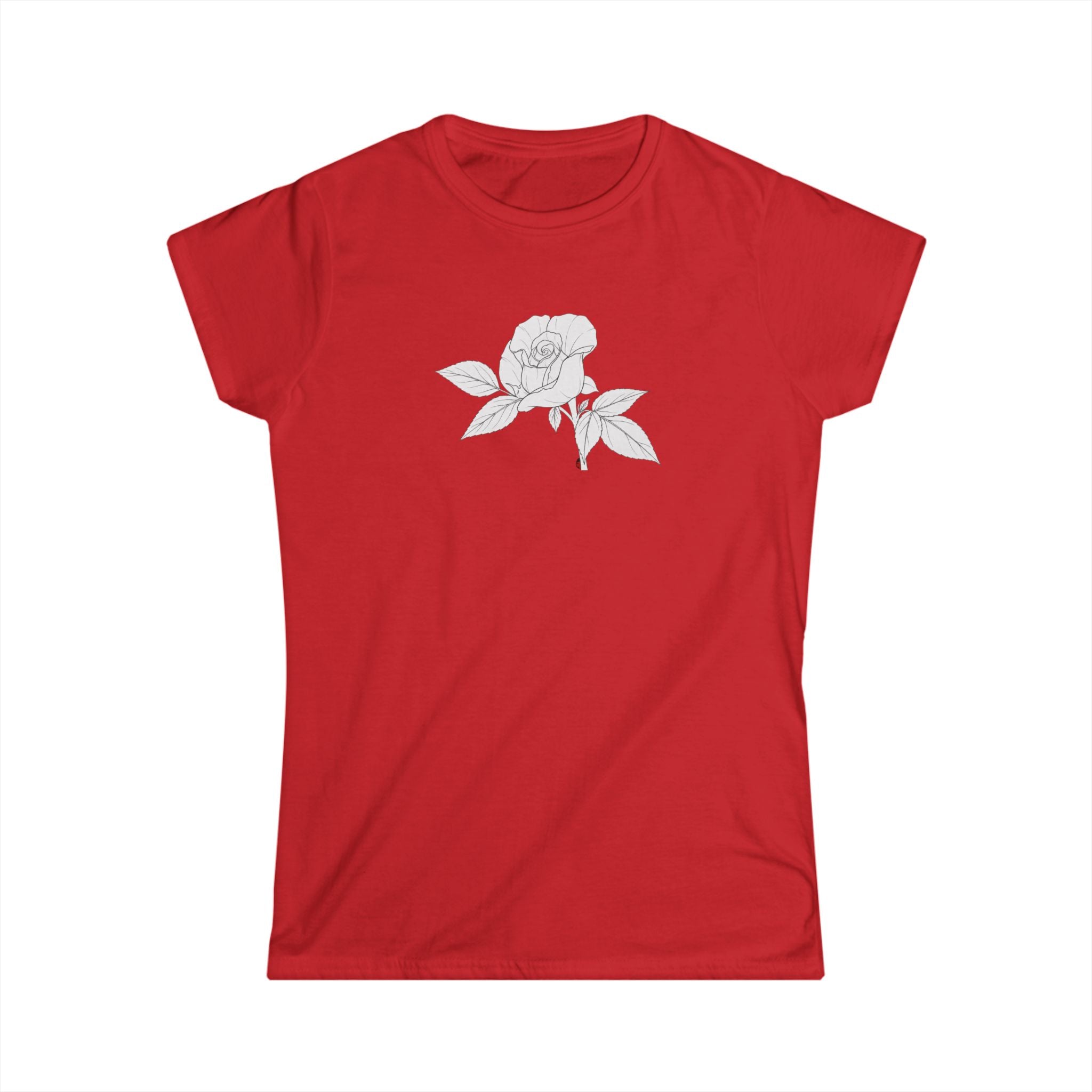 Rose with leaves Line Art Tee — Minimal Floral Women's T-Shirt