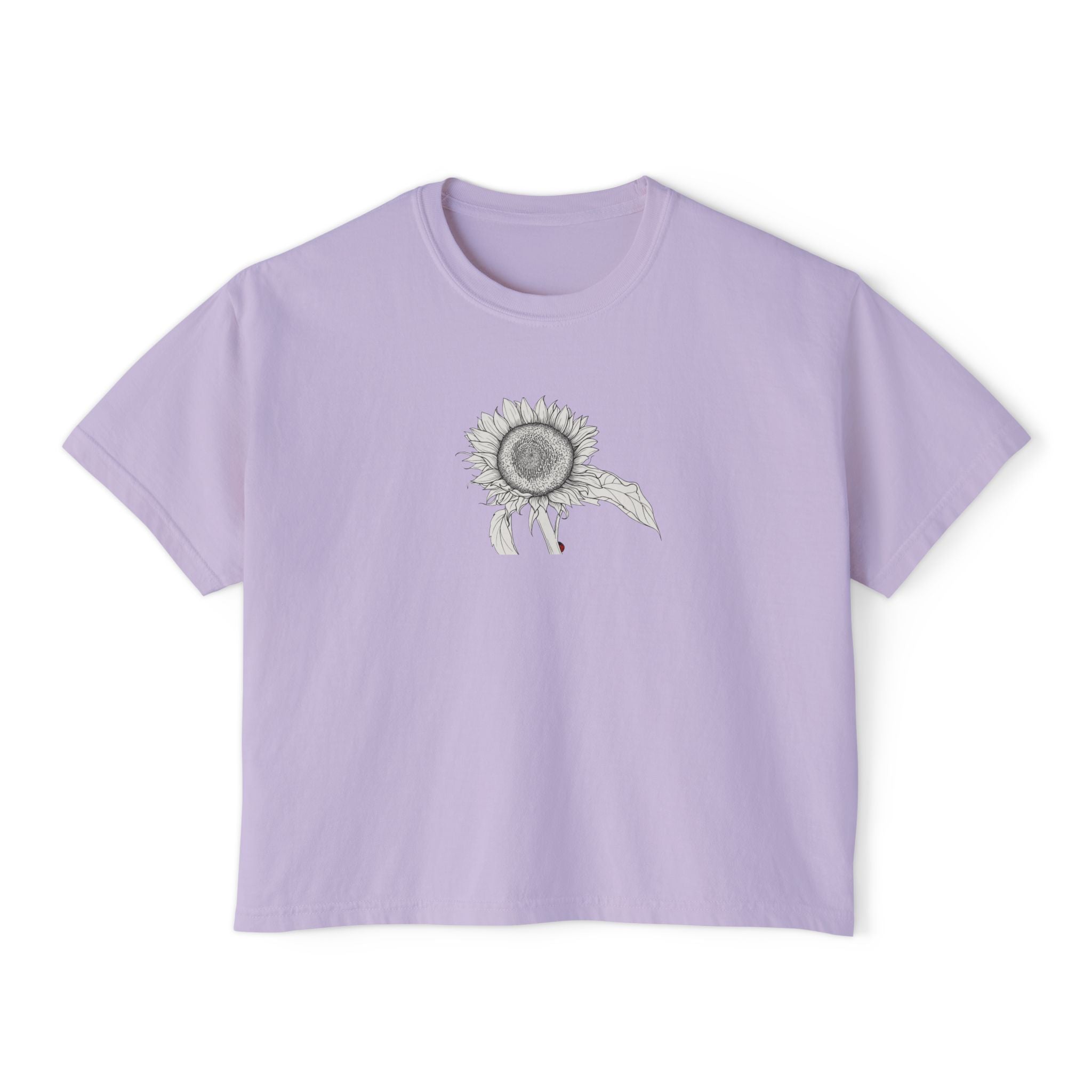 Sunflower Boxy Tee — Minimal Line Art Graphic T-Shirt