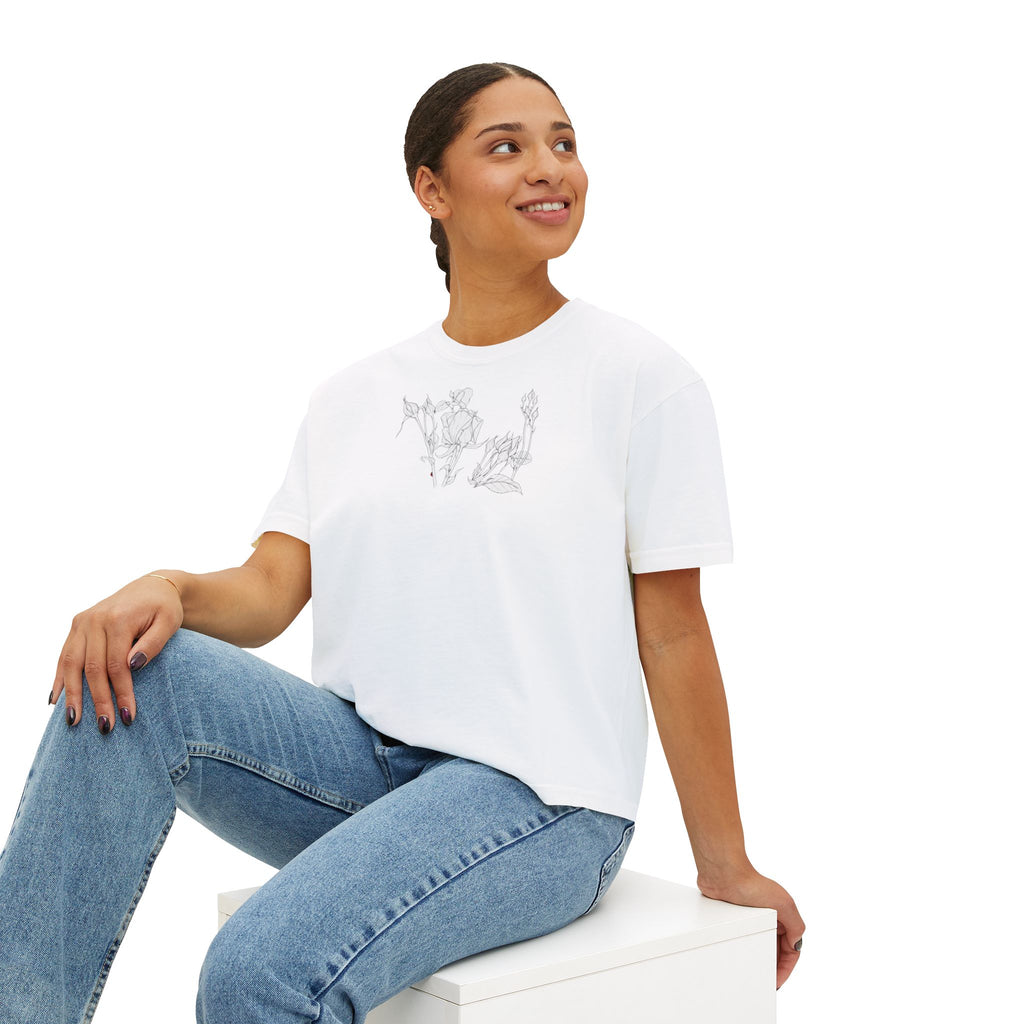 Rosebuds Line Art Boxy Tee — Minimal Line Art Graphic T-Shirt