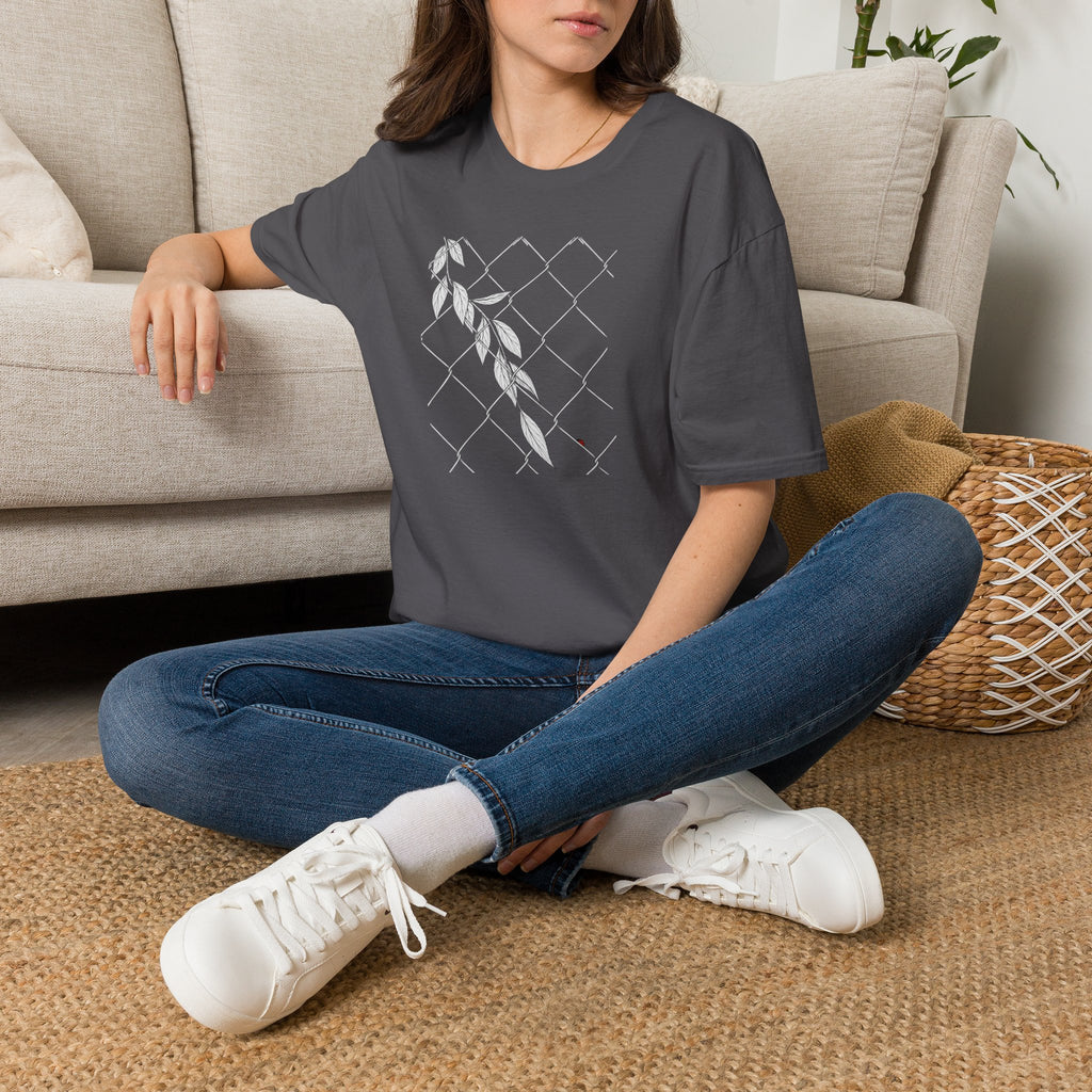 Leaves on fence Sketch Unisex T‑Shirt — Minimalist Floral Line Art Tee