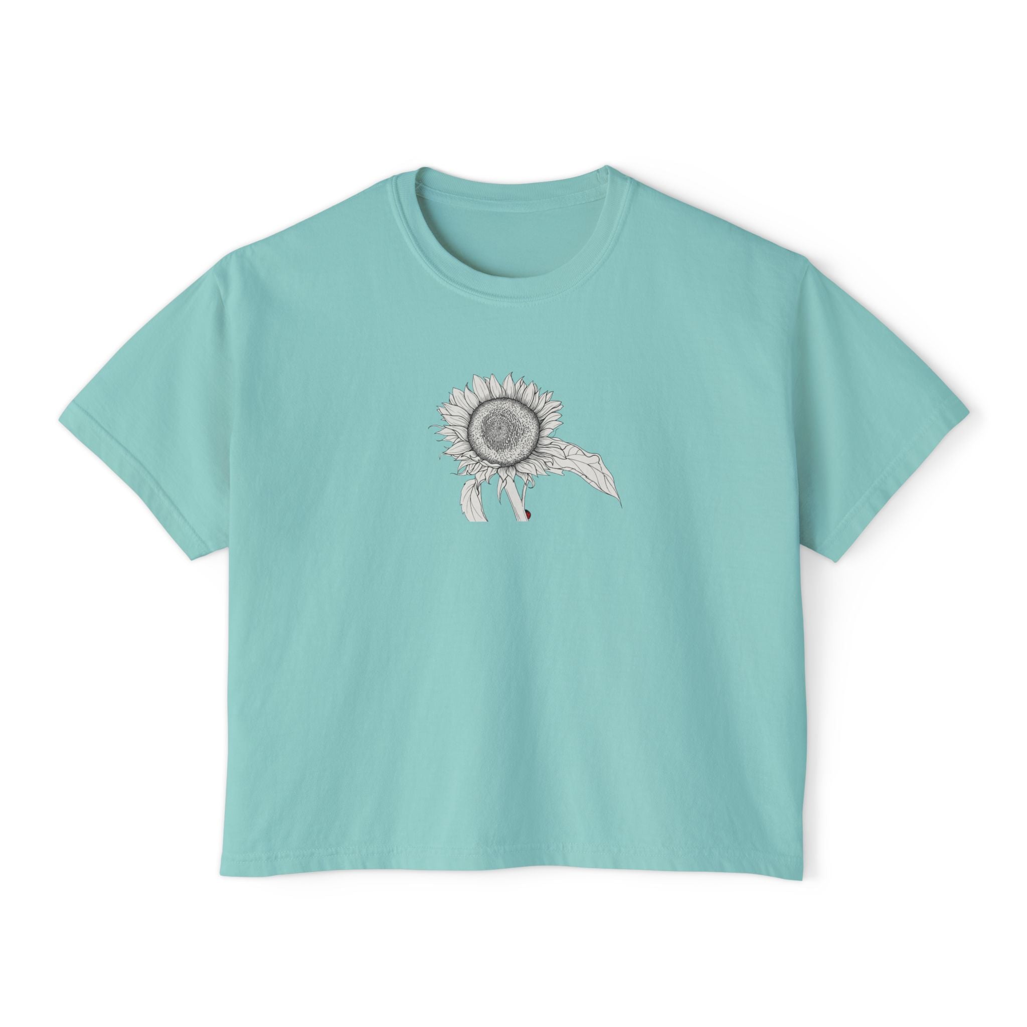 Sunflower Boxy Tee — Minimal Line Art Graphic T-Shirt