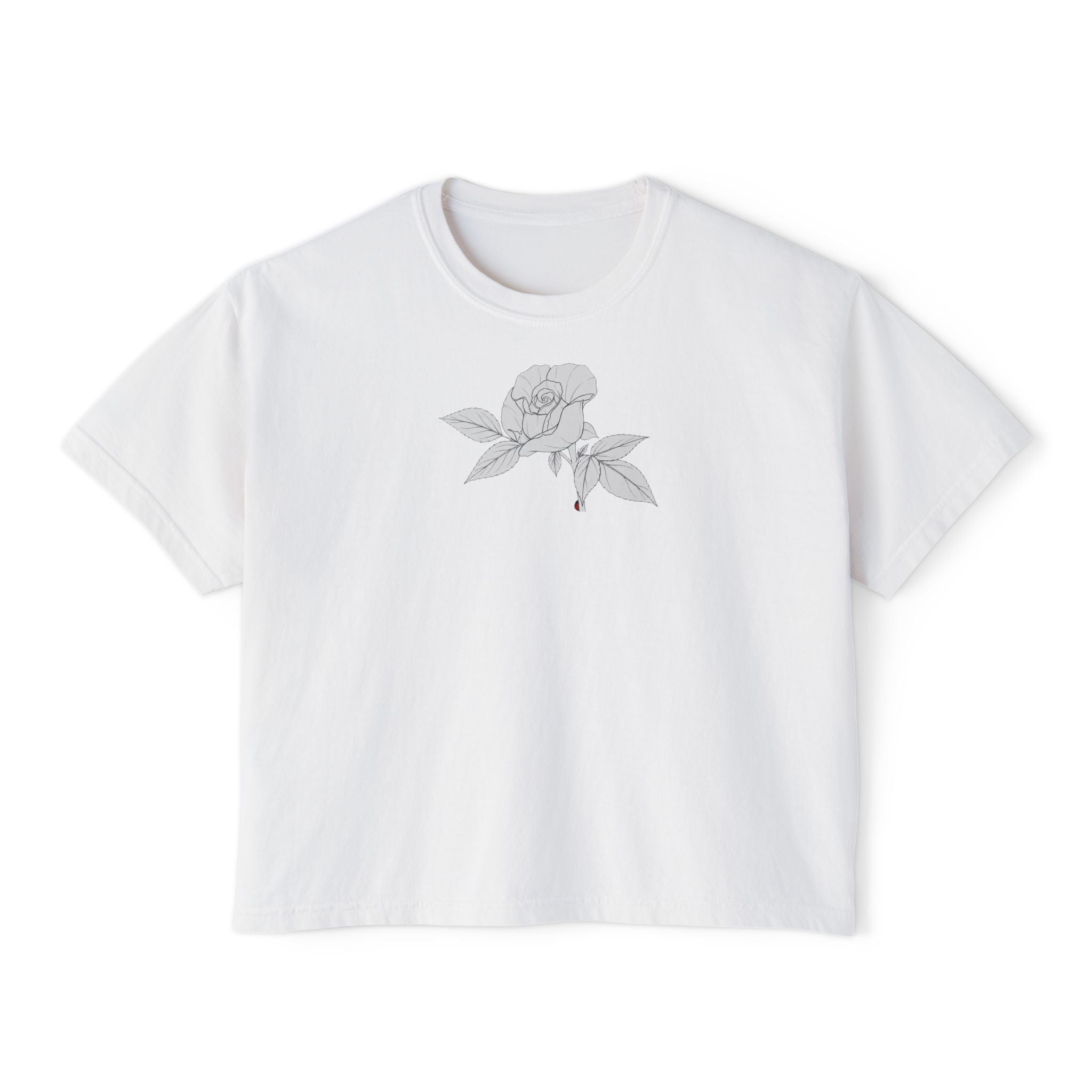 Rose with leaves Boxy Tee — Minimal Line Art Rose Graphic T-Shirt
