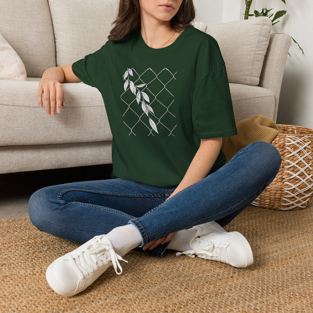 Leaves on fence Sketch Unisex T‑Shirt — Minimalist Floral Line Art Tee