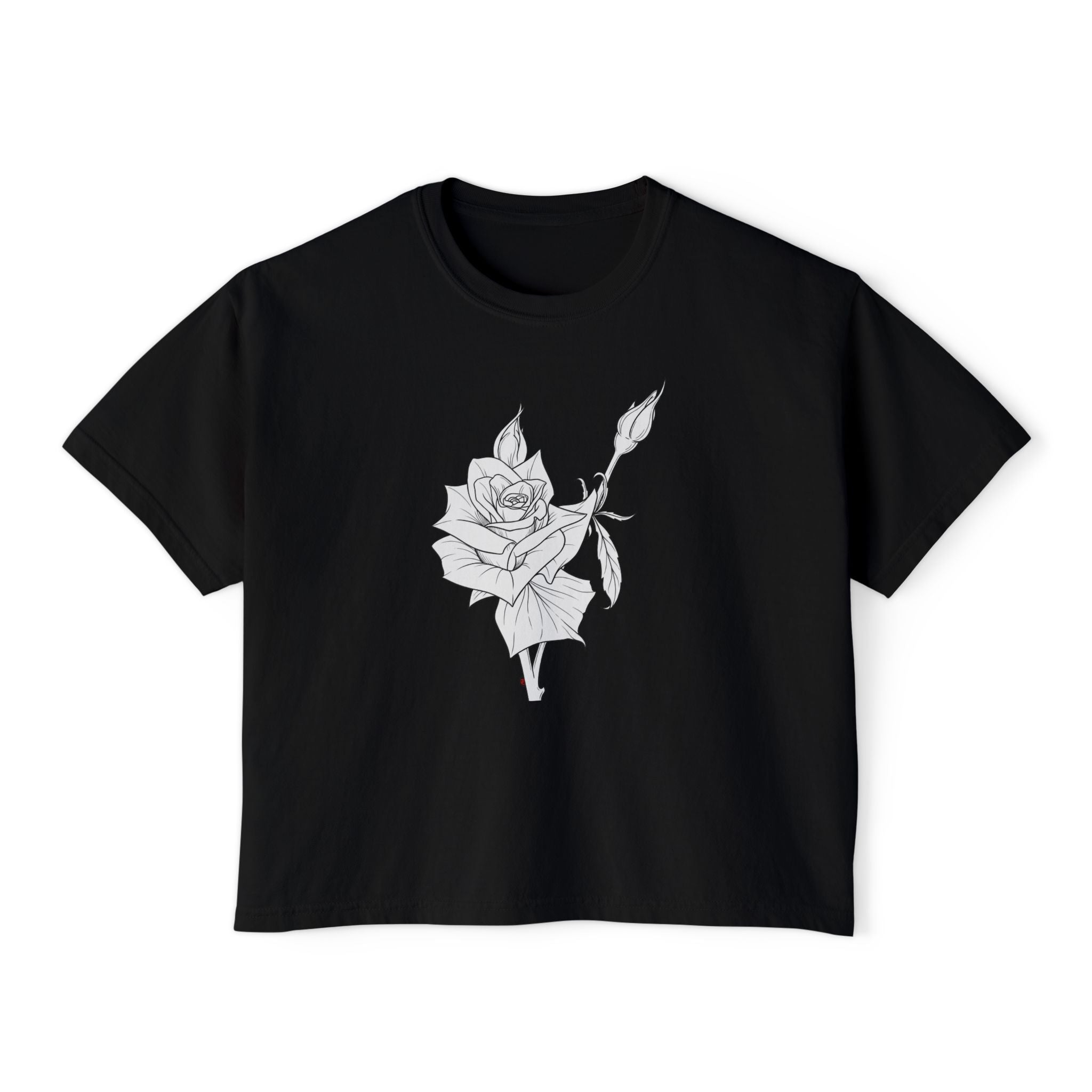 Rose Boxy Tee — Minimal Line Art Rose Graphic T-Shirt