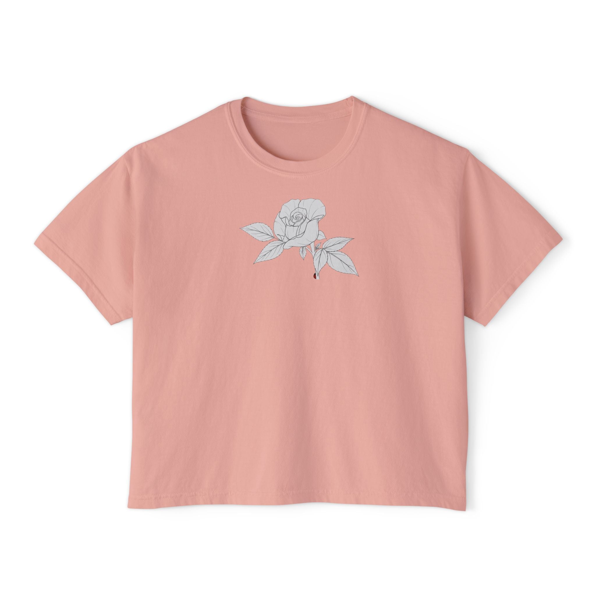 Rose with leaves Boxy Tee — Minimal Line Art Rose Graphic T-Shirt