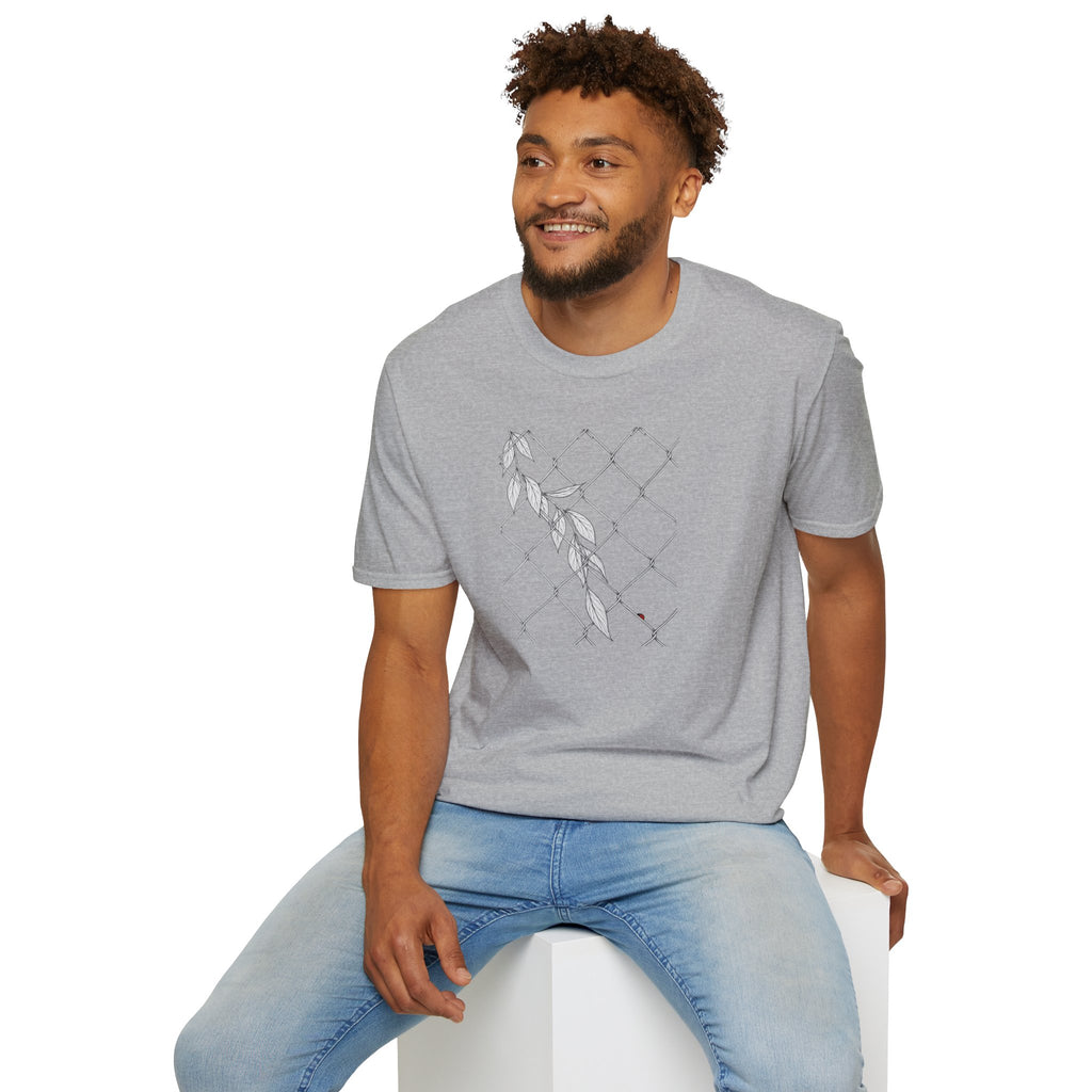 Leaves on fence Sketch Unisex T‑Shirt — Minimalist Floral Line Art Tee