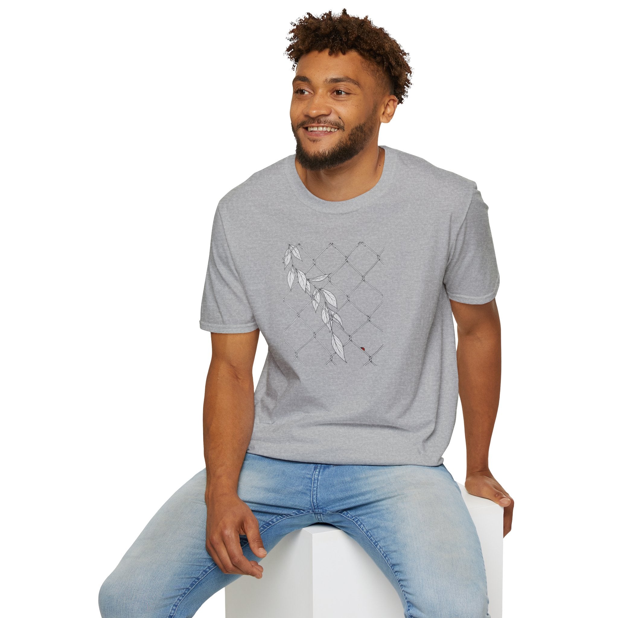 Leaves on fence Sketch Unisex T‑Shirt — Minimalist Floral Line Art Tee