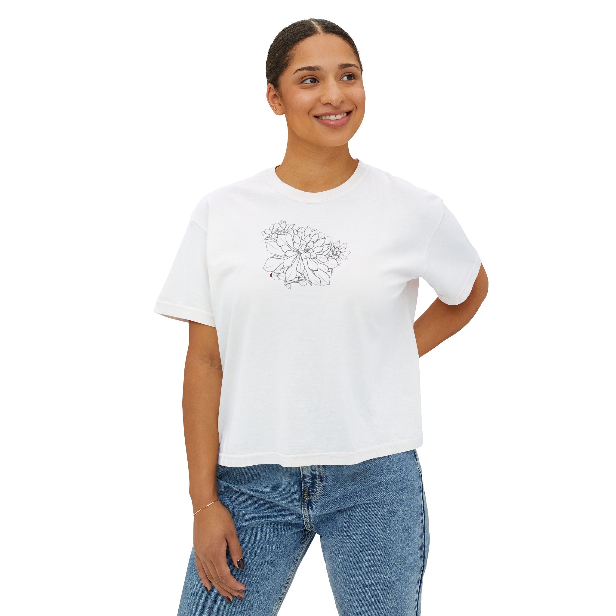 Succulent Line Art Boxy Tee — Minimal Line Art Graphic T-Shirt