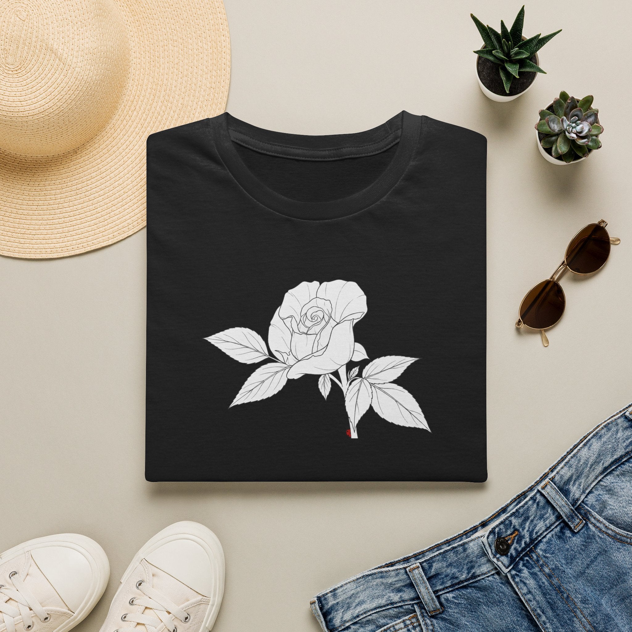 Rose with leaves Sketch Unisex T‑Shirt — Minimalist Floral Line Art Tee
