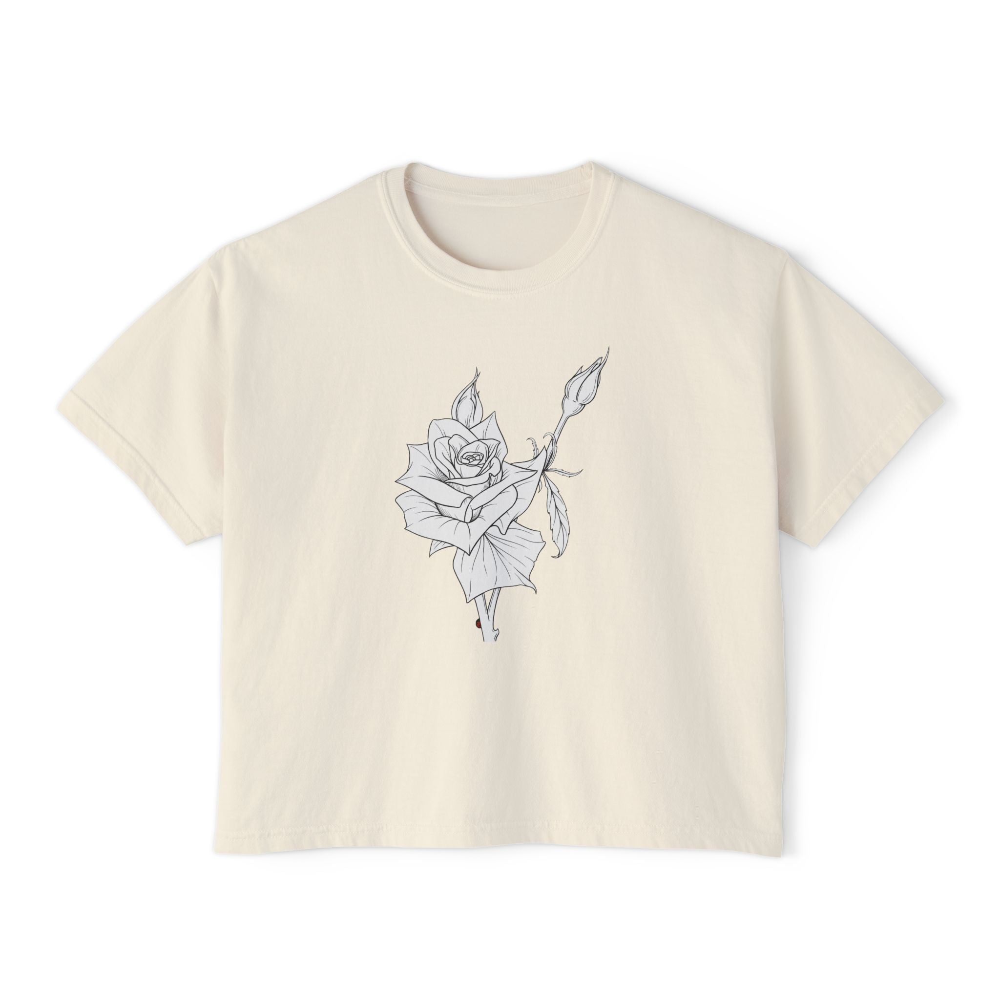 Rose Boxy Tee — Minimal Line Art Rose Graphic T-Shirt