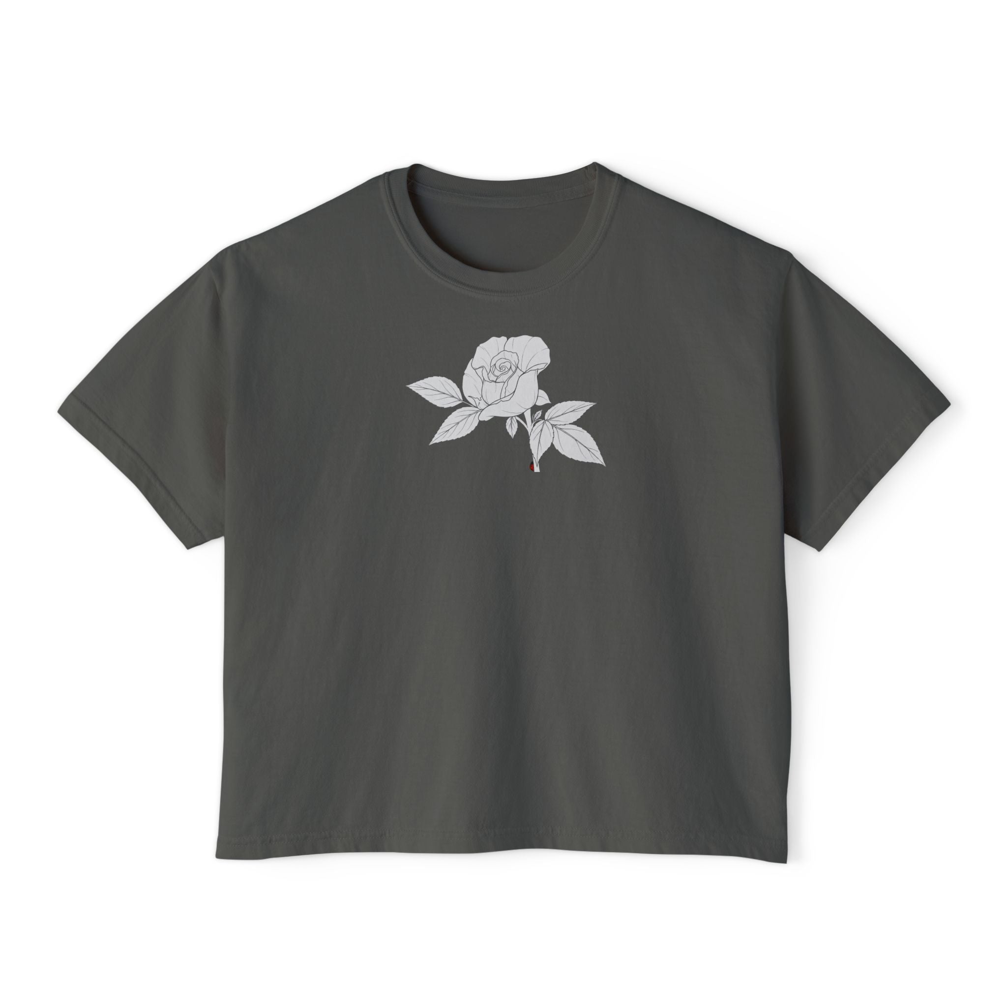 Rose with leaves Boxy Tee — Minimal Line Art Rose Graphic T-Shirt