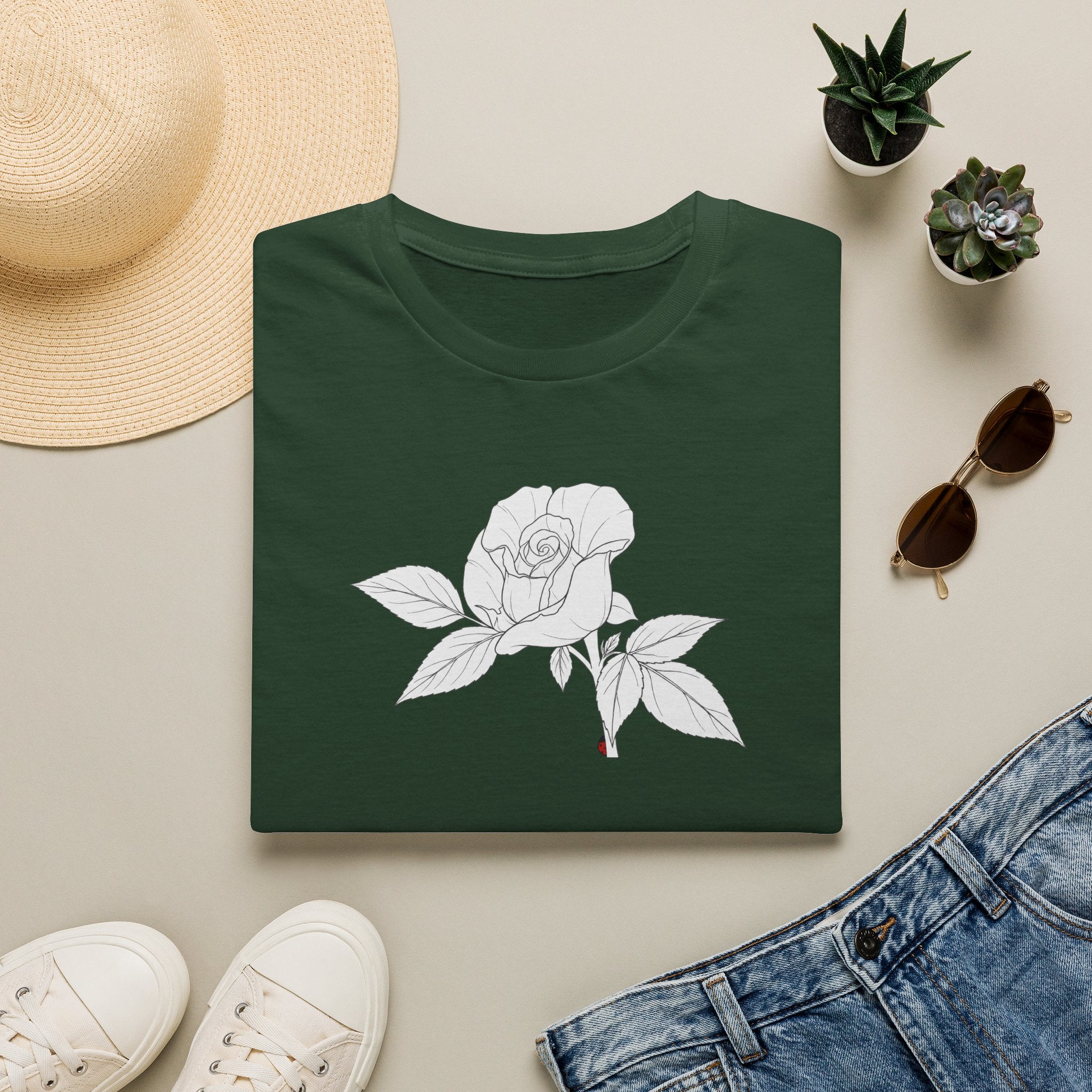 Rose with leaves Sketch Unisex T‑Shirt — Minimalist Floral Line Art Tee