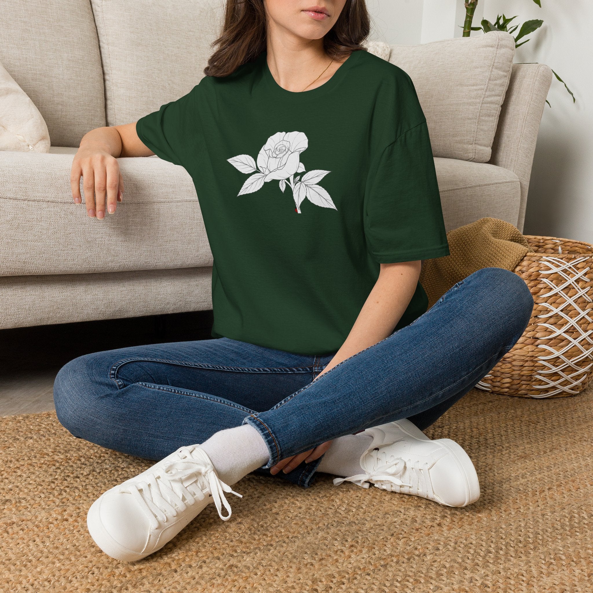 Rose with leaves Sketch Unisex T‑Shirt — Minimalist Floral Line Art Tee