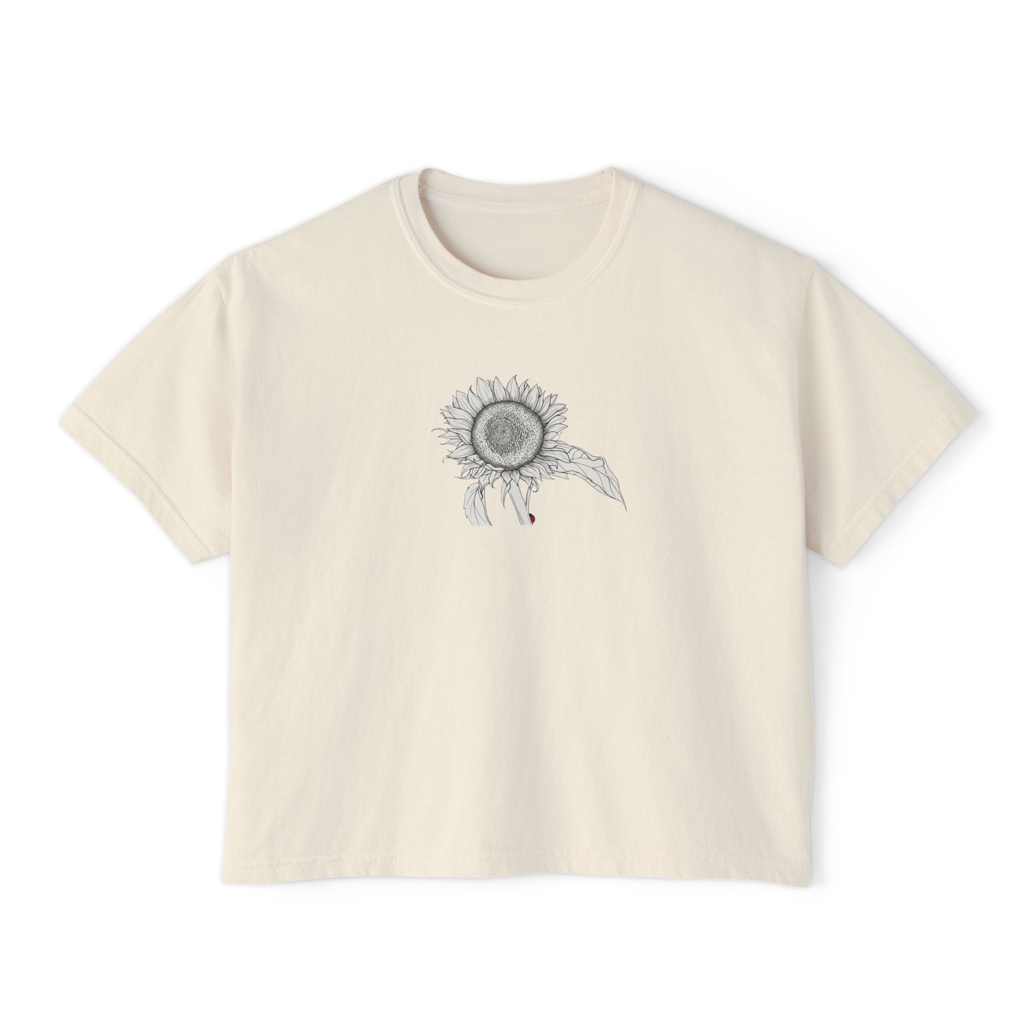 Sunflower Boxy Tee — Minimal Line Art Graphic T-Shirt
