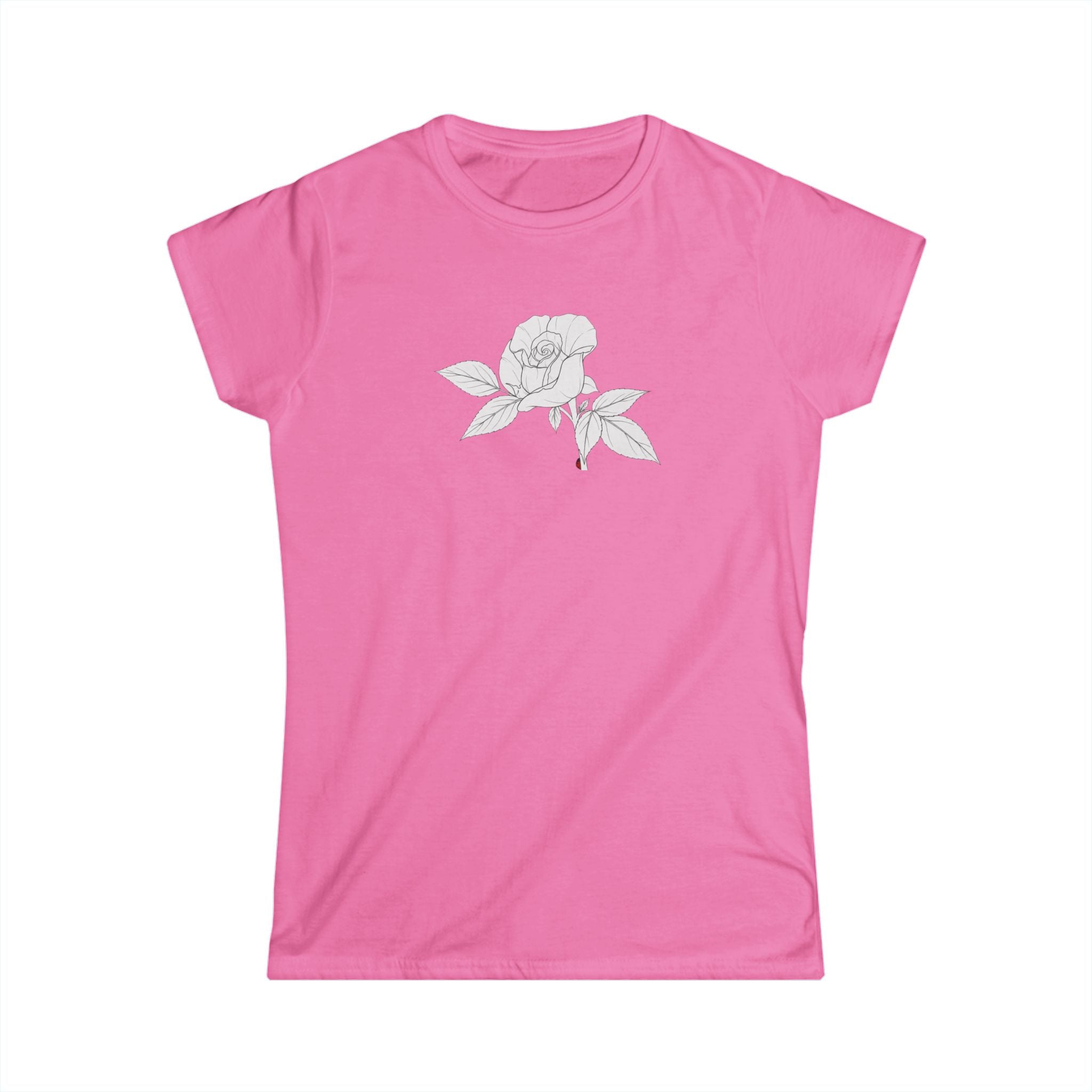 Rose with leaves Line Art Tee — Minimal Floral Women's T-Shirt