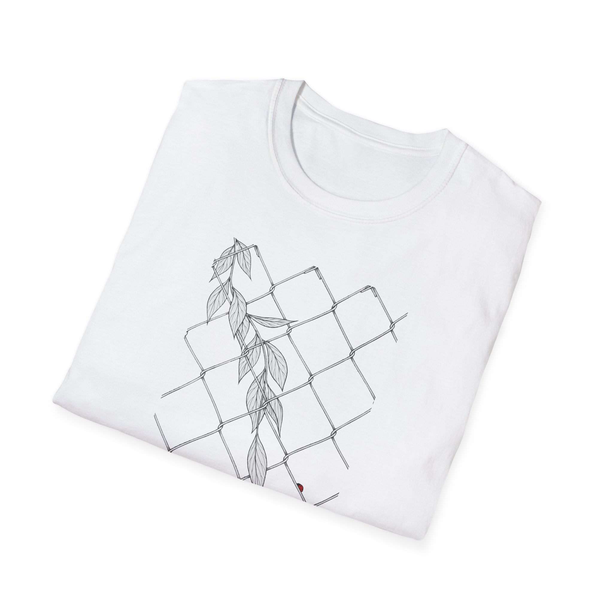 Leaves on fence Sketch Unisex T‑Shirt — Minimalist Floral Line Art Tee