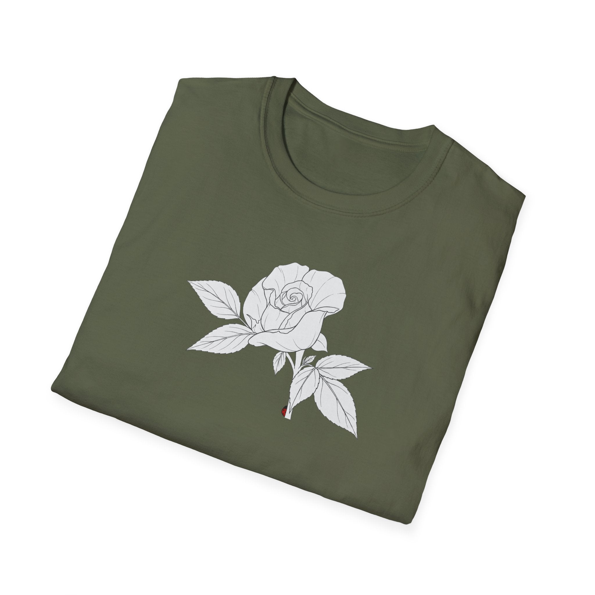 Rose with leaves Sketch Unisex T‑Shirt — Minimalist Floral Line Art Tee