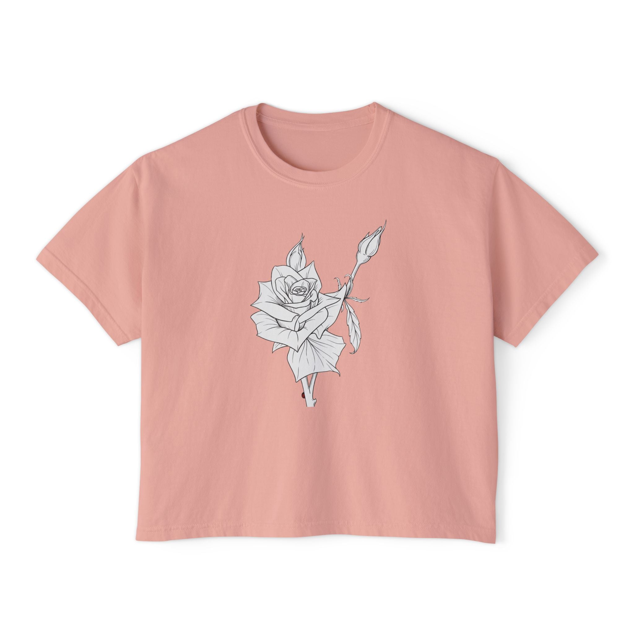 Rose Boxy Tee — Minimal Line Art Rose Graphic T-Shirt