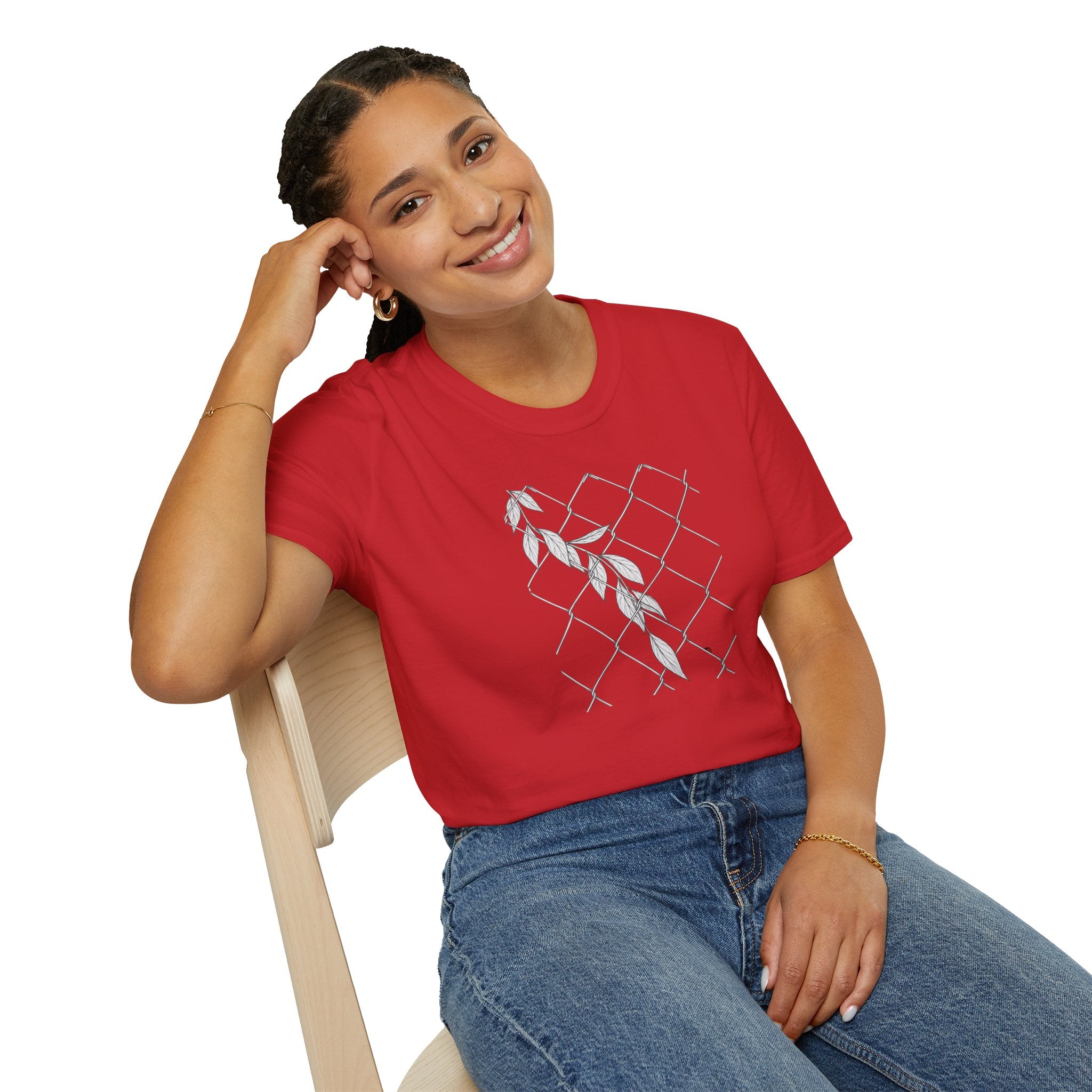 Leaves on fence Sketch Unisex T‑Shirt — Minimalist Floral Line Art Tee