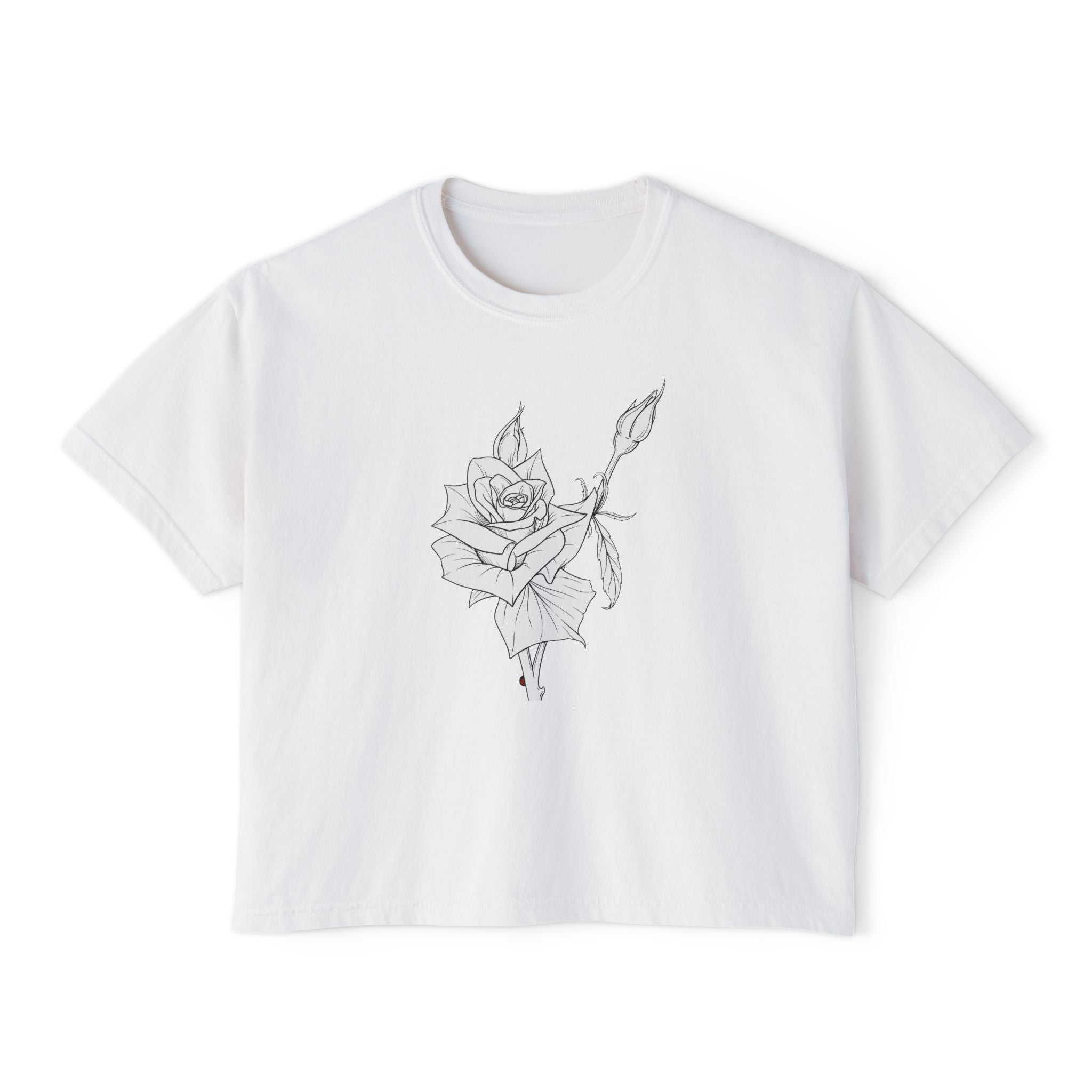 Rose Boxy Tee — Minimal Line Art Rose Graphic T-Shirt