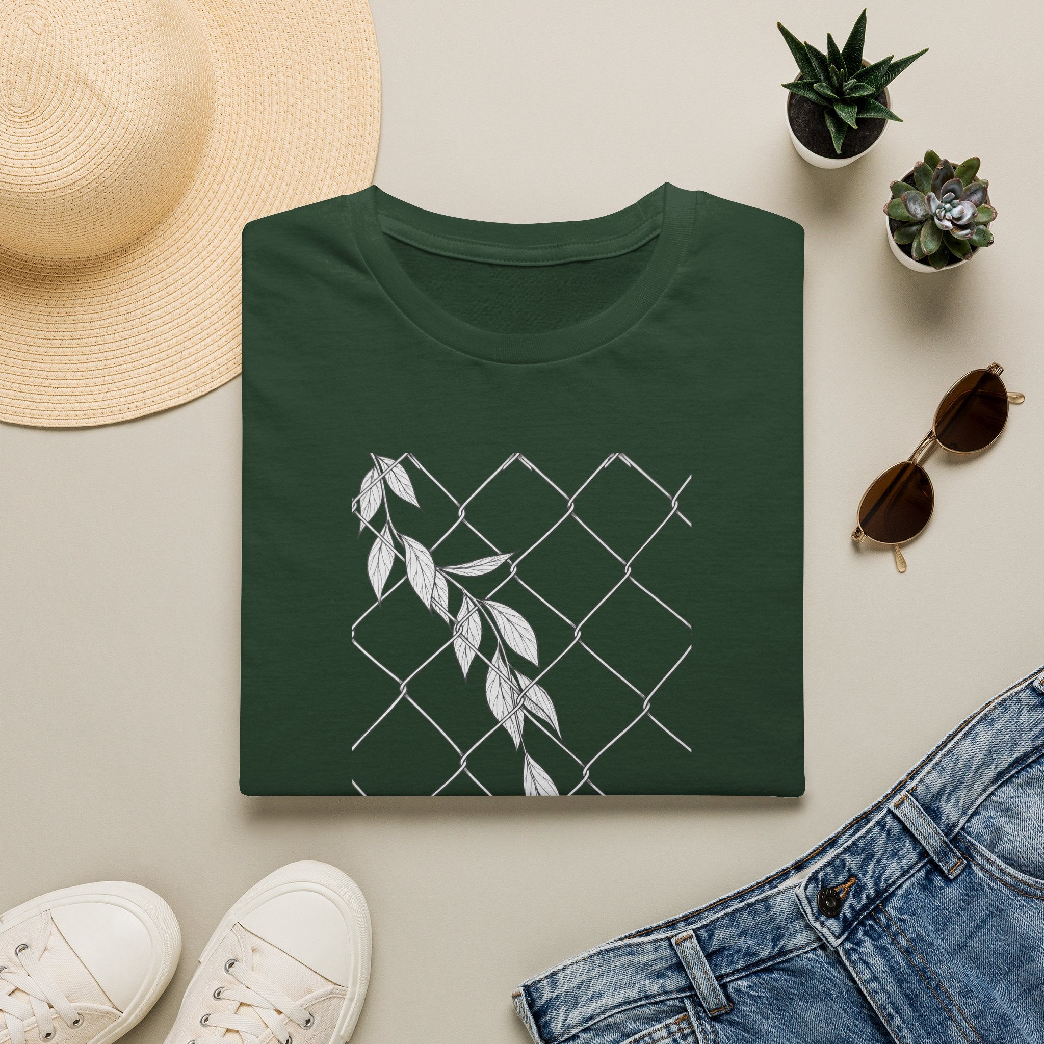 Leaves on fence Sketch Unisex T‑Shirt — Minimalist Floral Line Art Tee