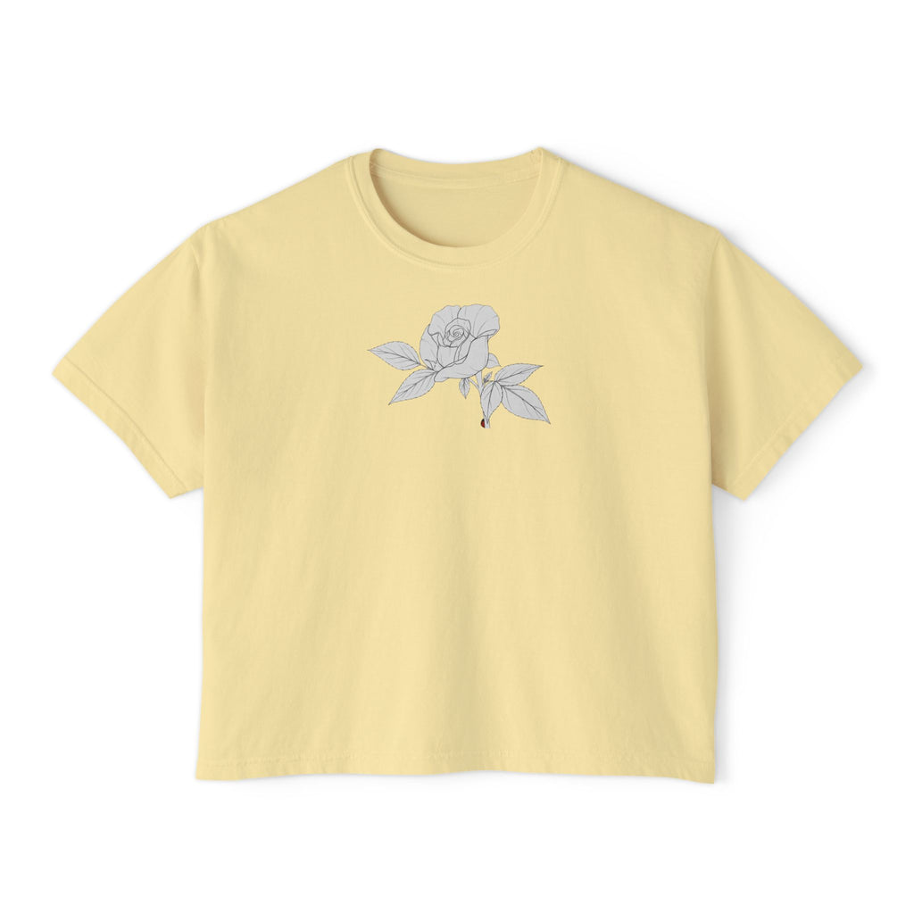 Rose with leaves Boxy Tee — Minimal Line Art Rose Graphic T-Shirt