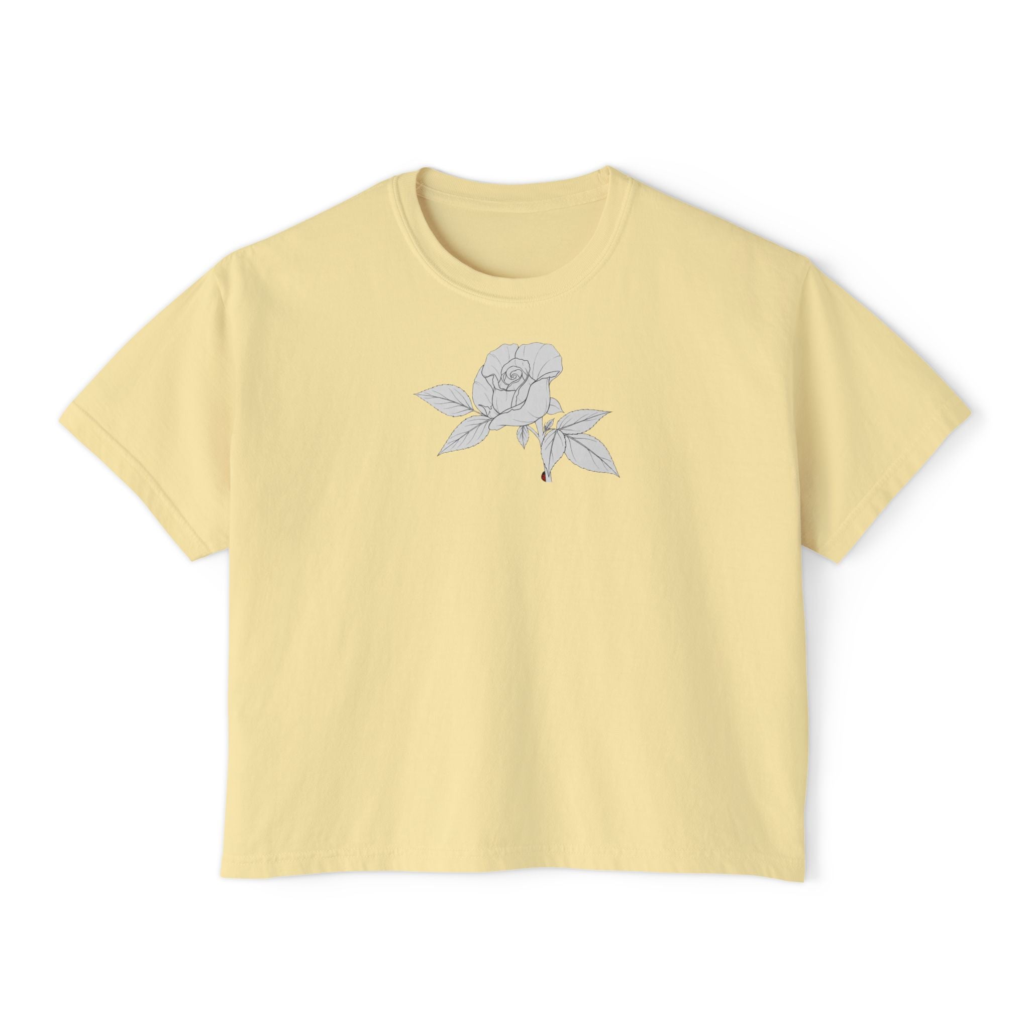 Rose with leaves Boxy Tee — Minimal Line Art Rose Graphic T-Shirt