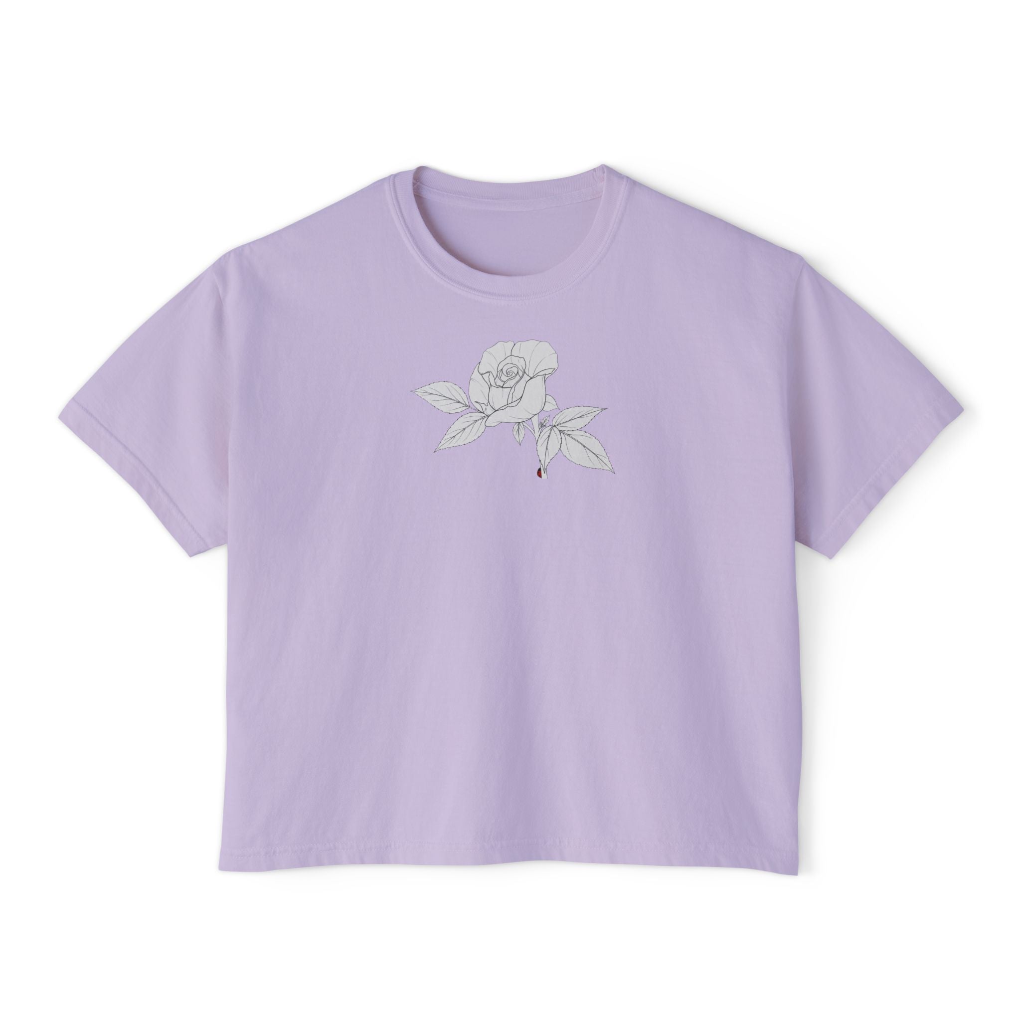 Rose with leaves Boxy Tee — Minimal Line Art Rose Graphic T-Shirt