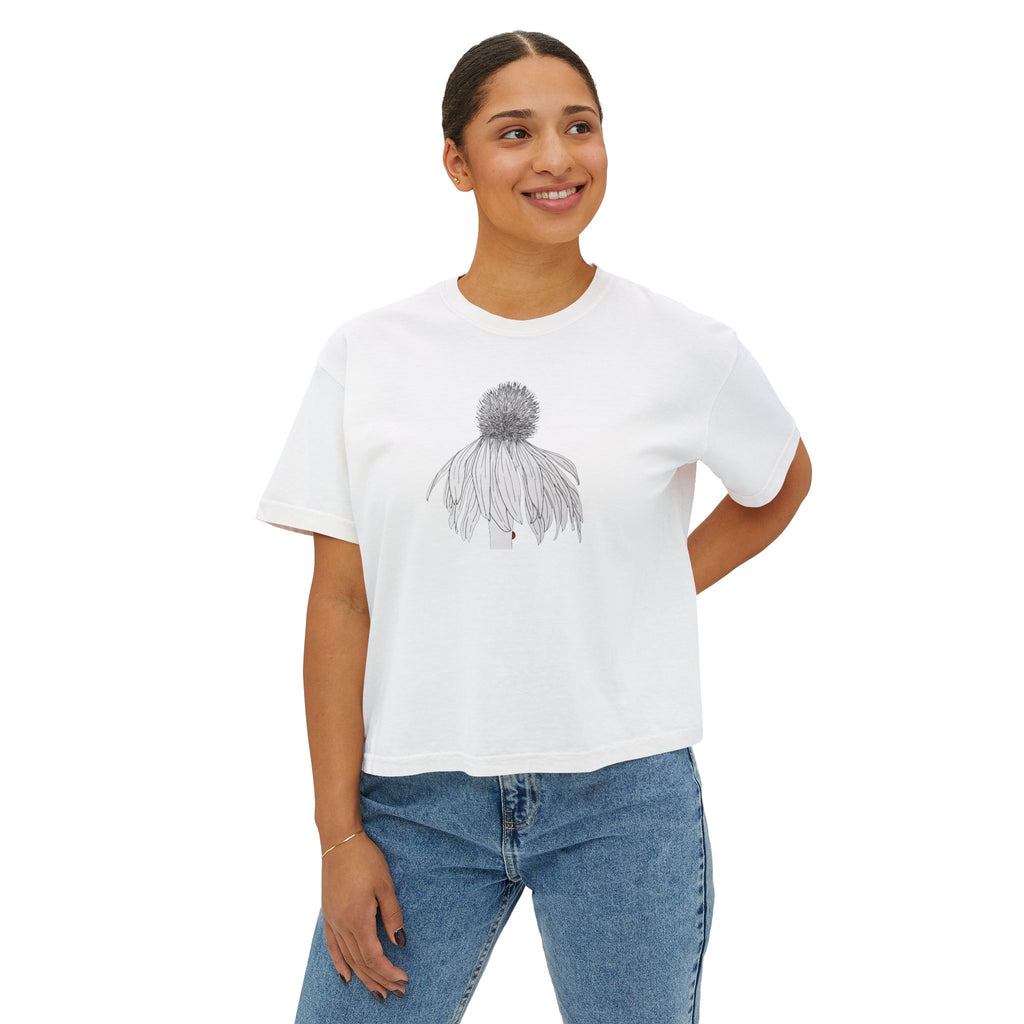 Coneflower Boxy Tee — Minimal Line Art Graphic T-Shirt