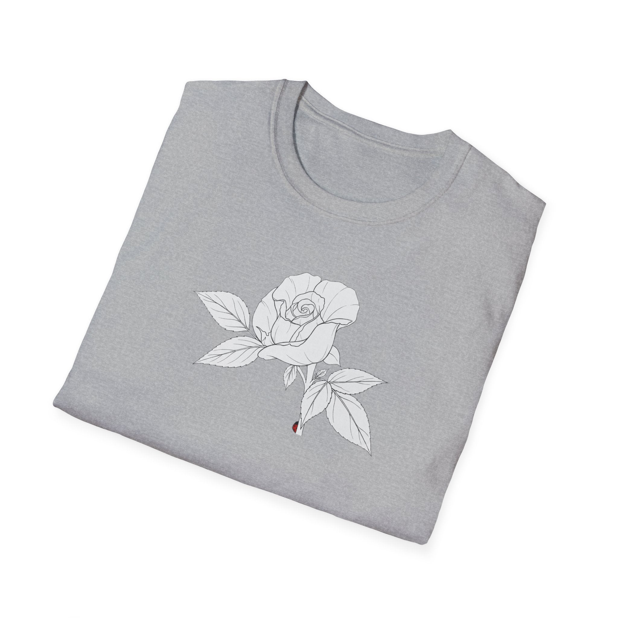 Rose with leaves Sketch Unisex T‑Shirt — Minimalist Floral Line Art Tee