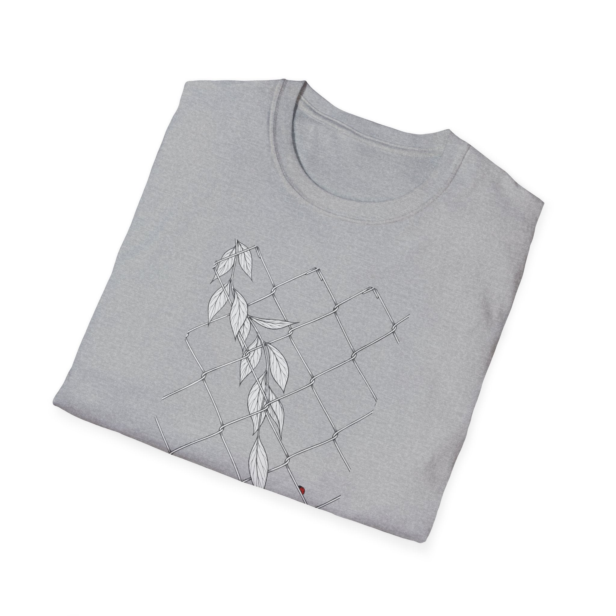 Leaves on fence Sketch Unisex T‑Shirt — Minimalist Floral Line Art Tee