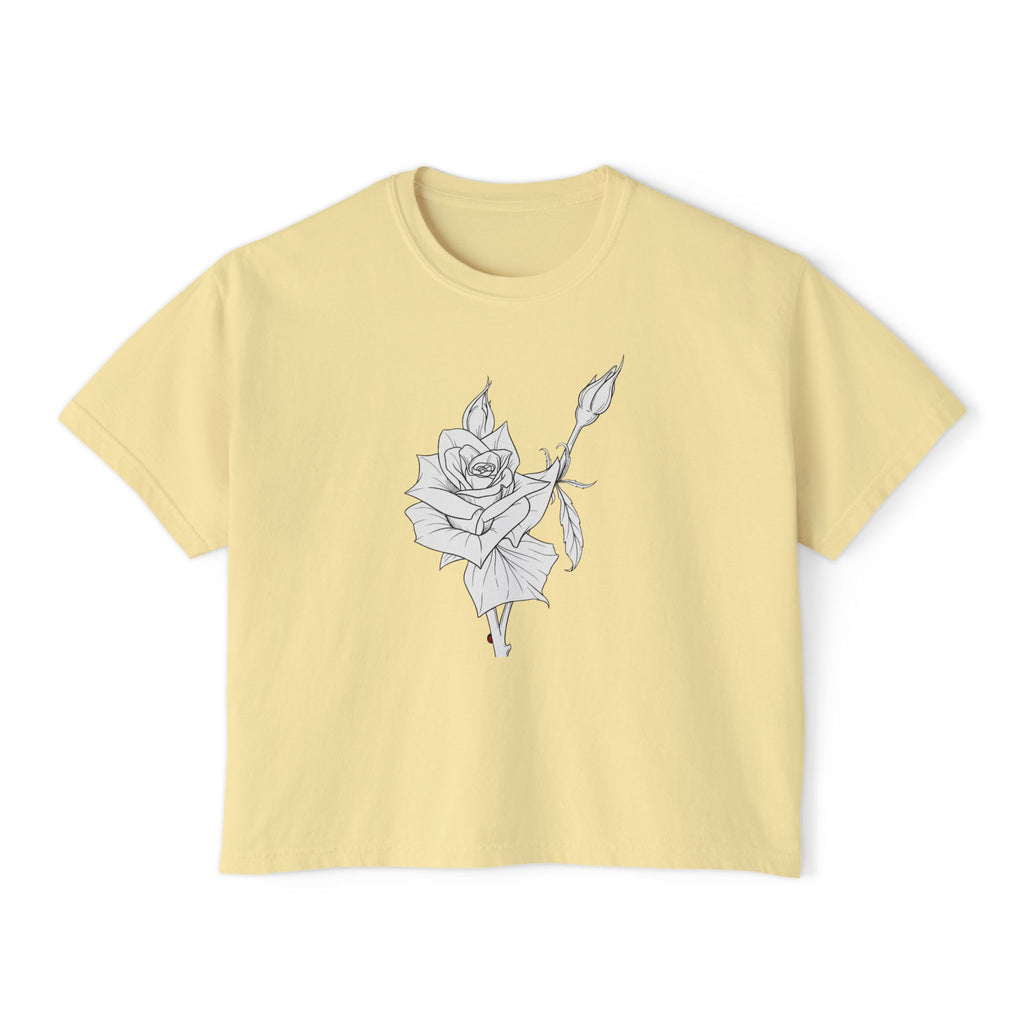 Rose Boxy Tee — Minimal Line Art Rose Graphic T-Shirt