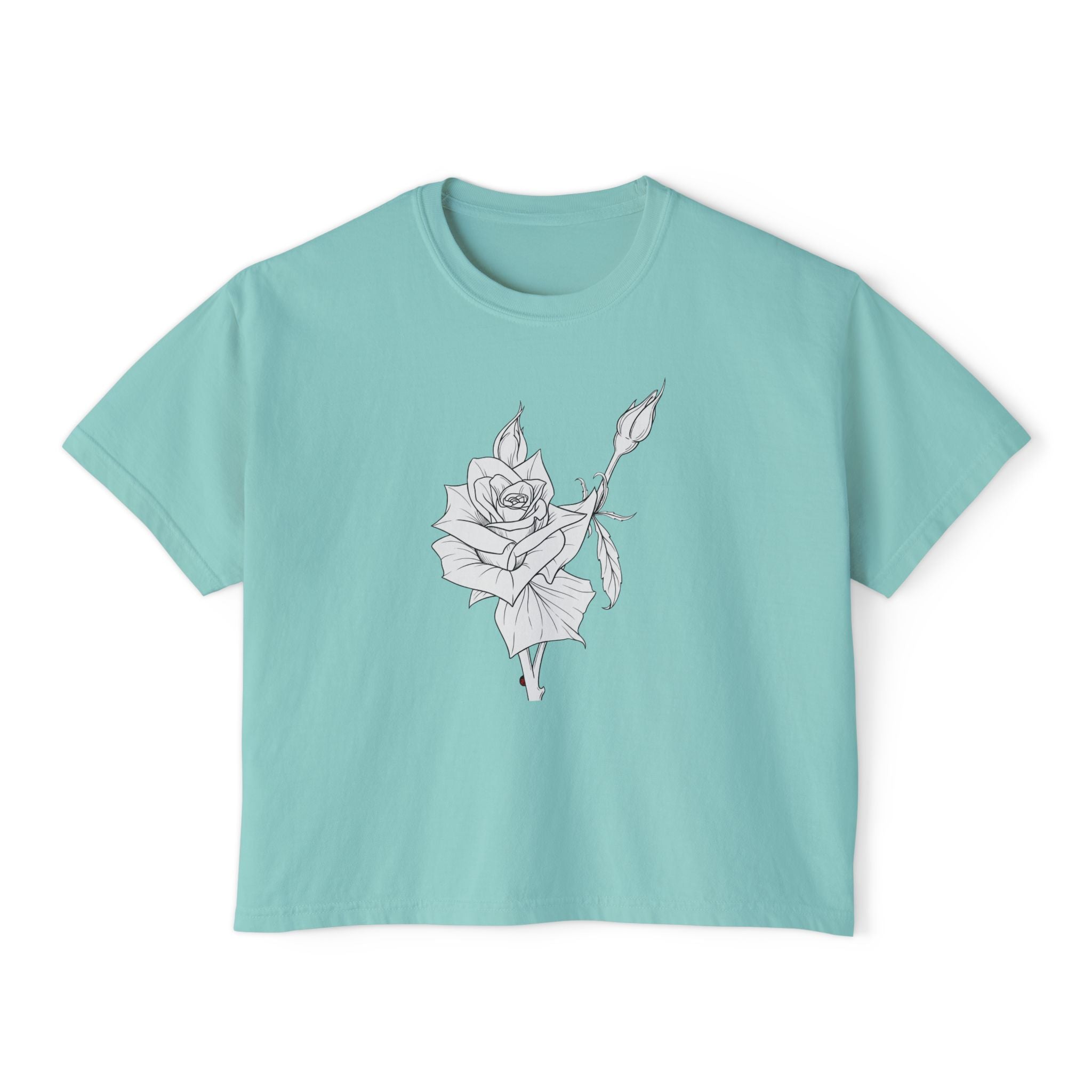 Rose Boxy Tee — Minimal Line Art Rose Graphic T-Shirt
