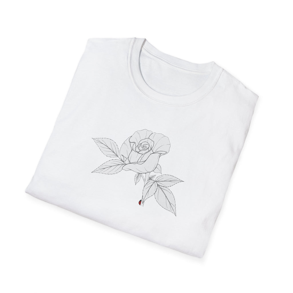 Rose with leaves Sketch Unisex T‑Shirt — Minimalist Floral Line Art Tee