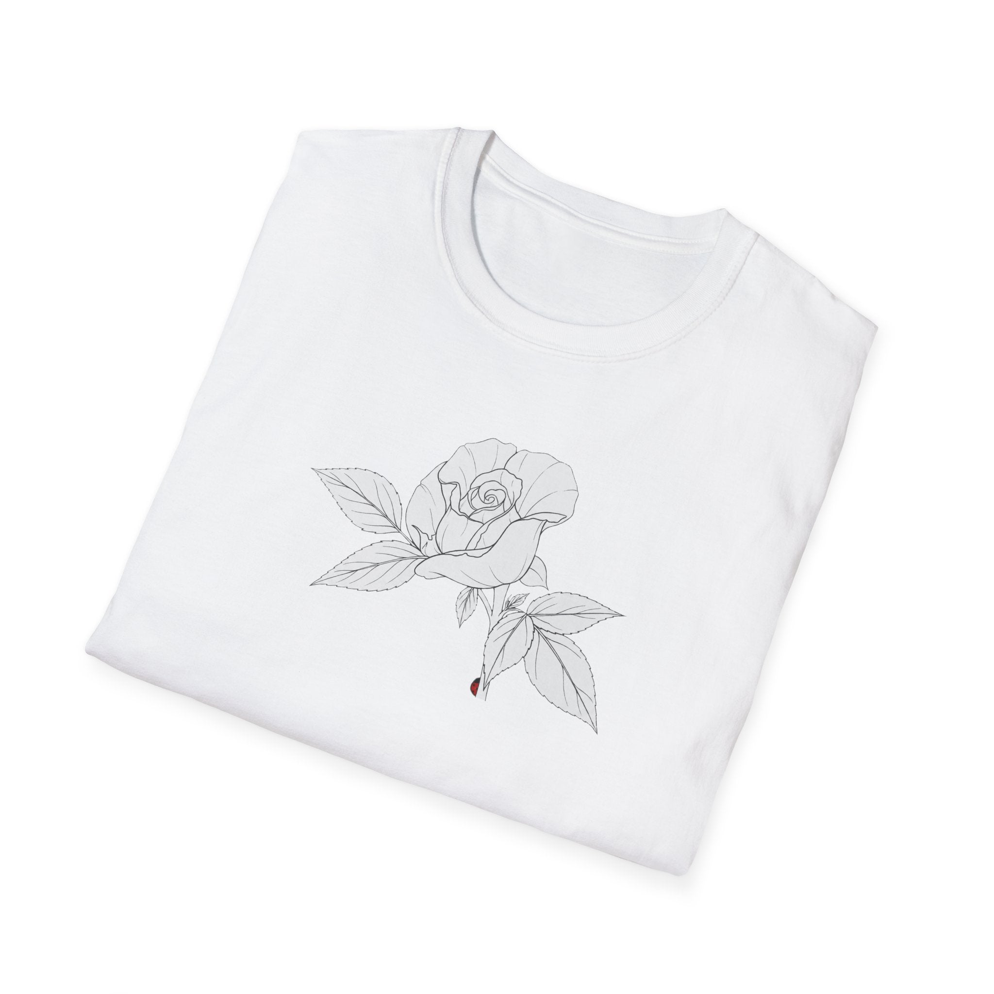 Rose with leaves Sketch Unisex T‑Shirt — Minimalist Floral Line Art Tee