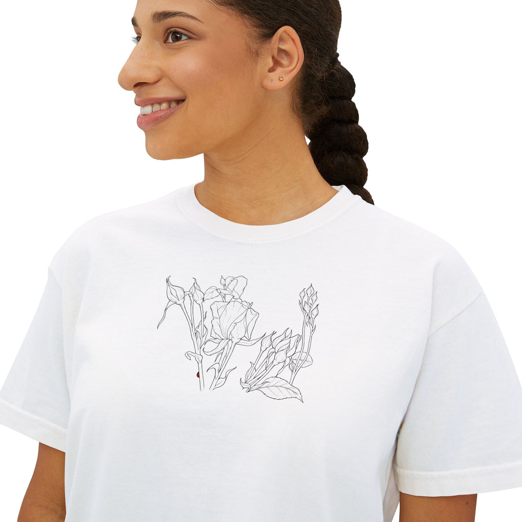 Rosebuds Line Art Boxy Tee — Minimal Line Art Graphic T-Shirt