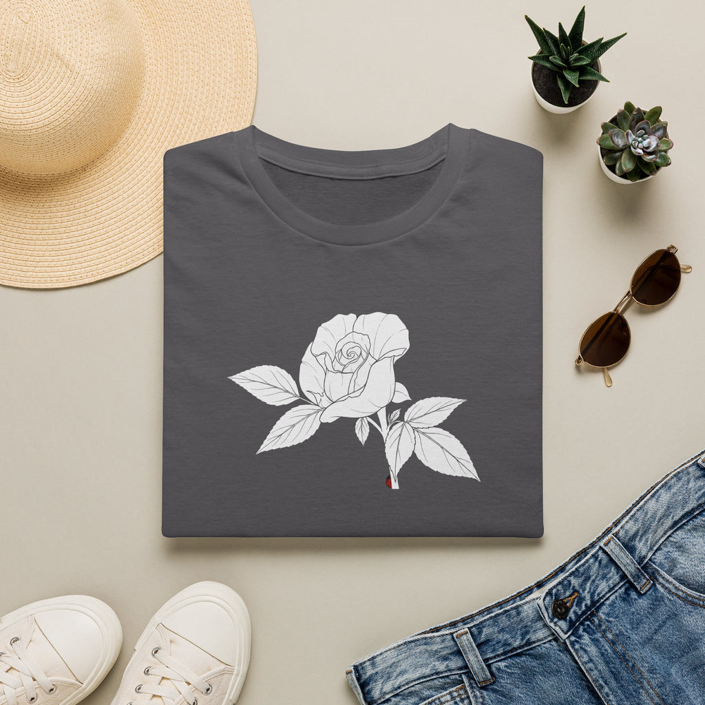 Rose with leaves Sketch Unisex T‑Shirt — Minimalist Floral Line Art Tee