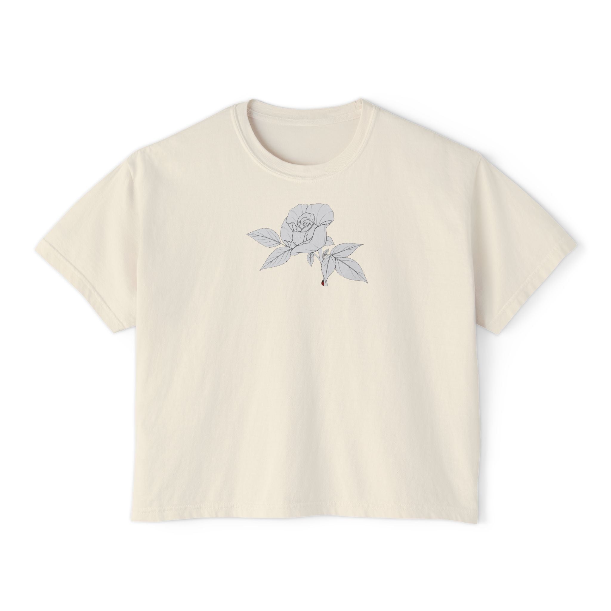 Rose with leaves Boxy Tee — Minimal Line Art Rose Graphic T-Shirt