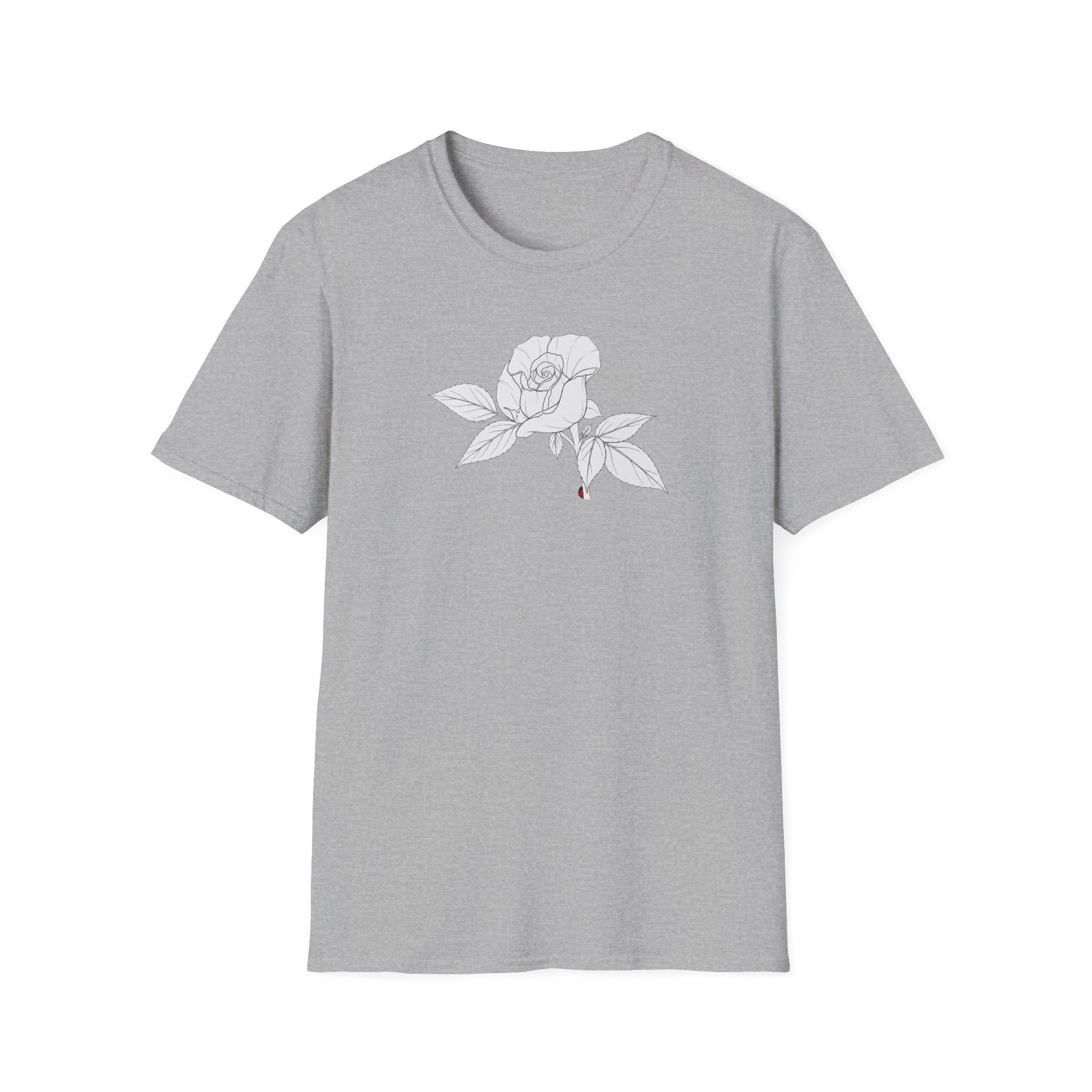 Rose with leaves Sketch Unisex T‑Shirt — Minimalist Floral Line Art Tee
