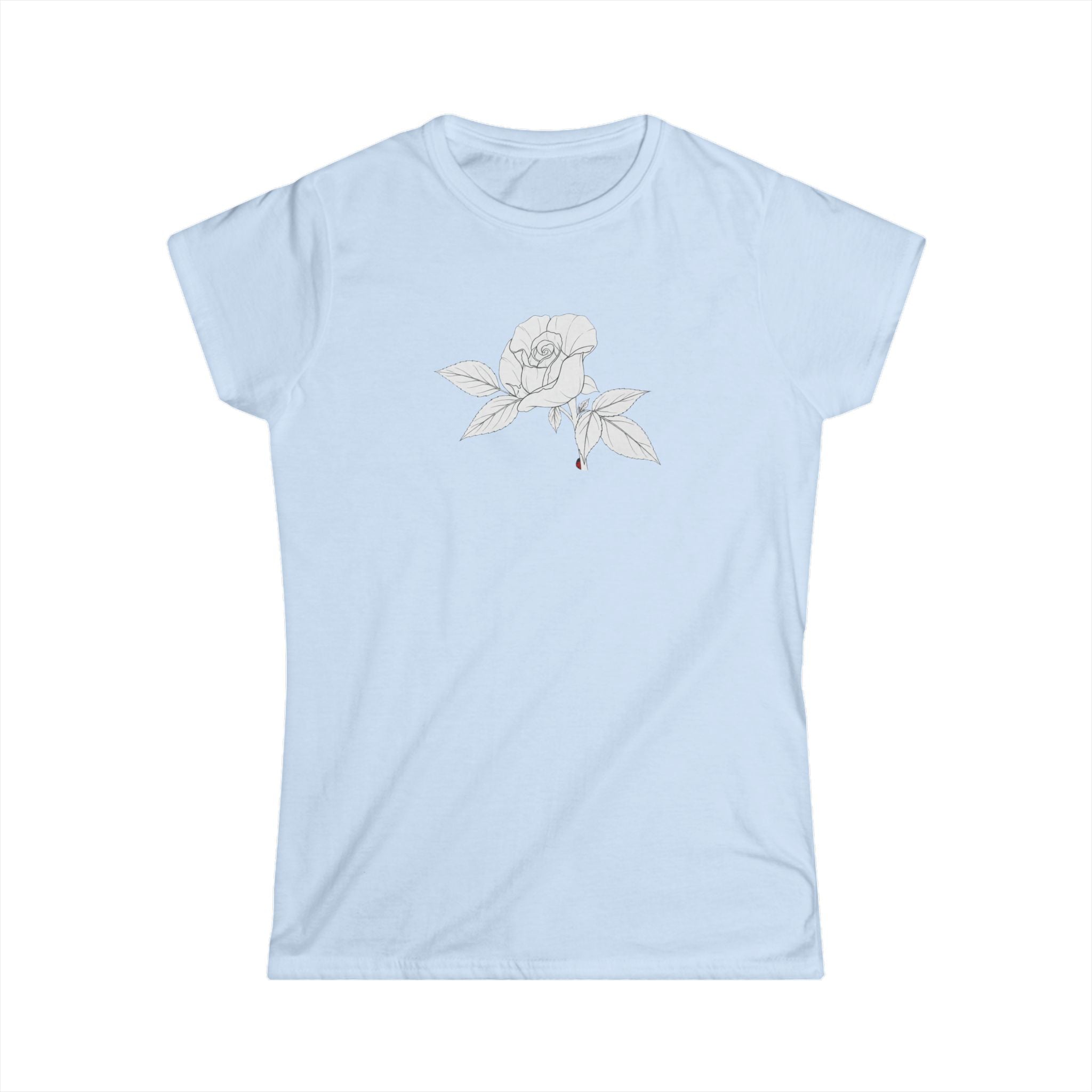 Rose with leaves Line Art Tee — Minimal Floral Women's T-Shirt