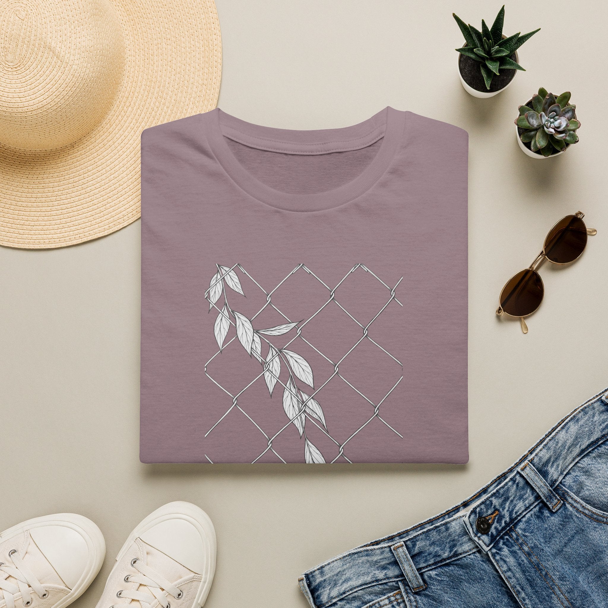 Leaves on fence Sketch Unisex T‑Shirt — Minimalist Floral Line Art Tee