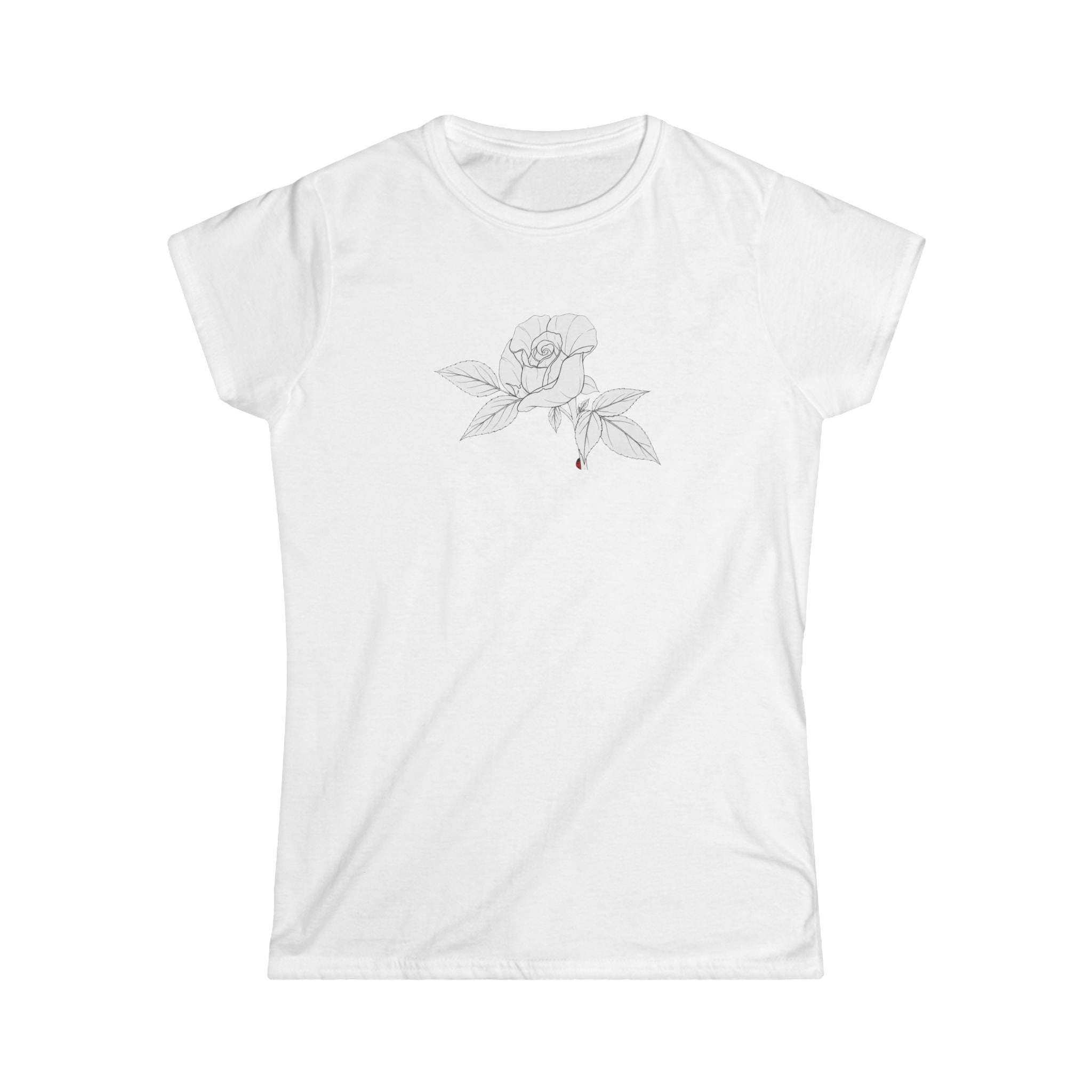 Rose with leaves Line Art Tee — Minimal Floral Women's T-Shirt