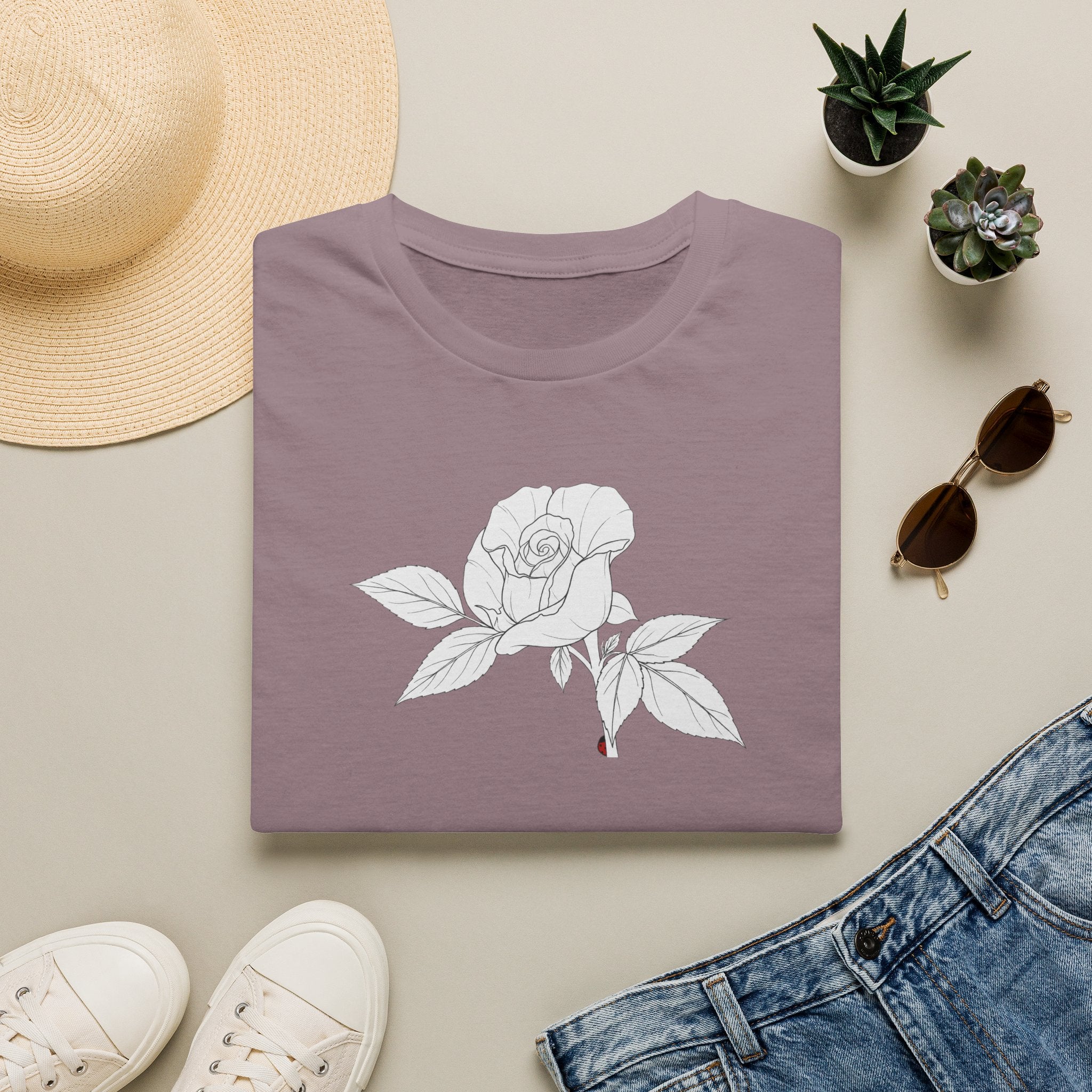 Rose with leaves Sketch Unisex T‑Shirt — Minimalist Floral Line Art Tee