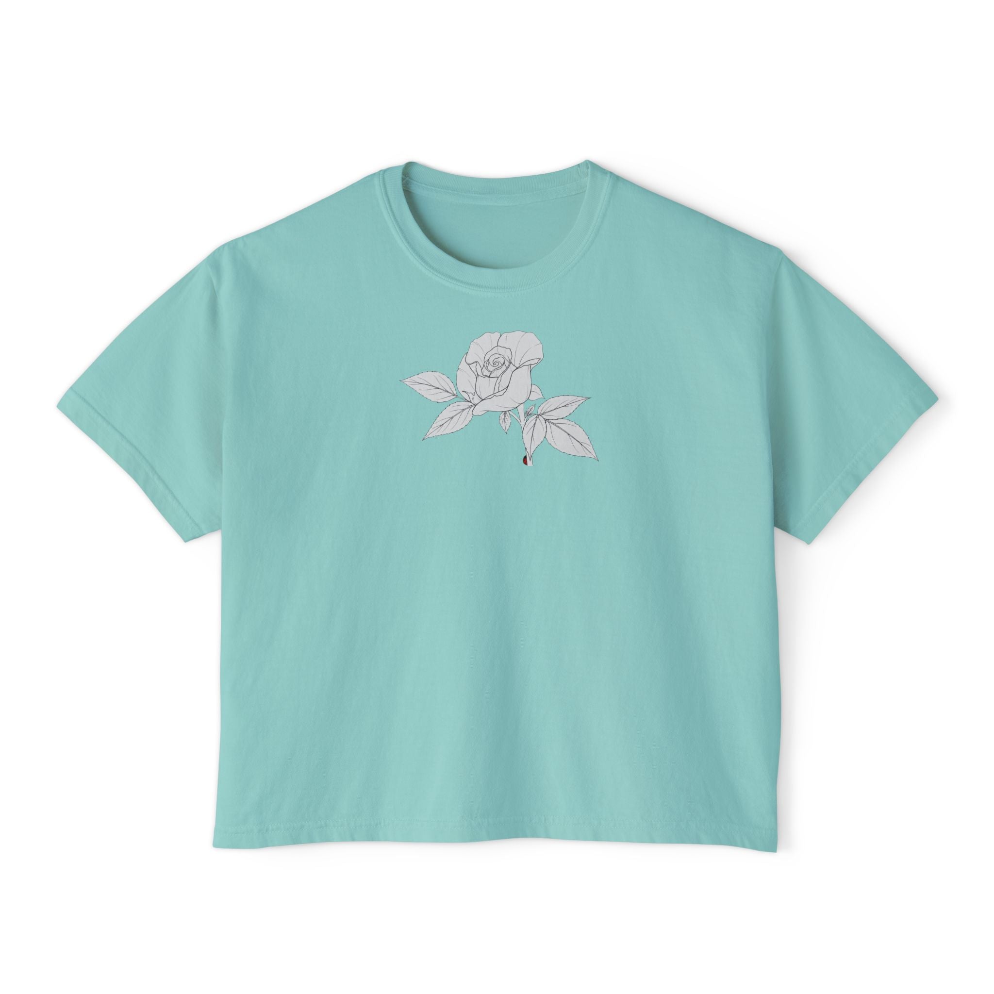 Rose with leaves Boxy Tee — Minimal Line Art Rose Graphic T-Shirt
