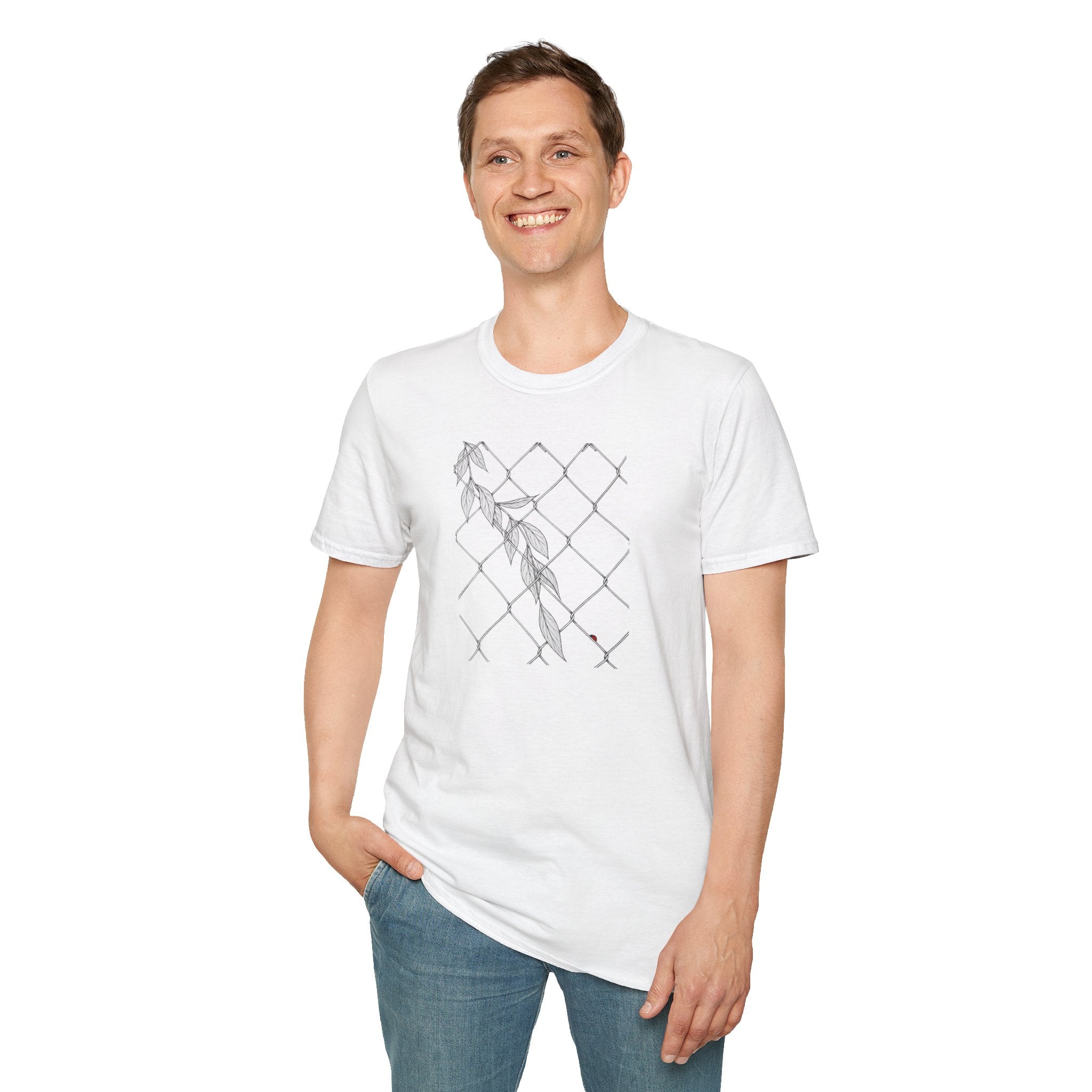 Leaves on fence Sketch Unisex T‑Shirt — Minimalist Floral Line Art Tee